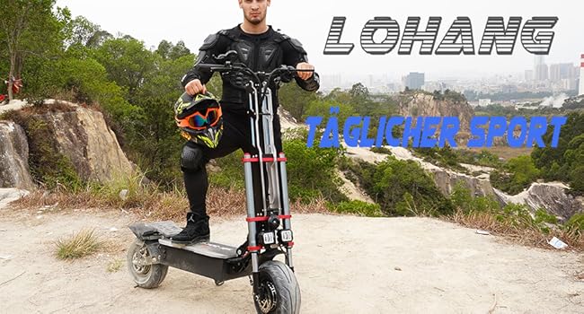 Skuter elektryczny z kierowcą w sprzęcie ochronnym na skalistym terenie. Nazwa marki „LOHANS” widoczna na skuterze. Nakładka tekstowa brzmi „HEIGHT 195!