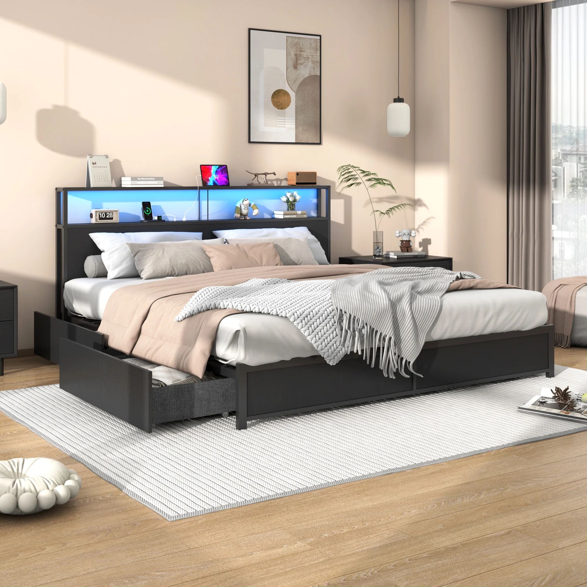 LED Full Bed Frame with Storage Headboard & 4 Drawers, Industrial Metal Platform Bed with Power Charging Station & USB Ports - Image 17
