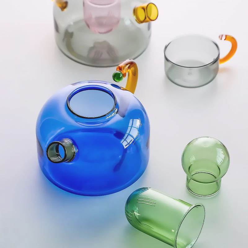 Elegant Borosilicaat Theeservies met Uniek Ontwerp en Levendige Kleuren – Vaatwasmachinebestendig, 80 ml Kopje, 400 ml Theepot
