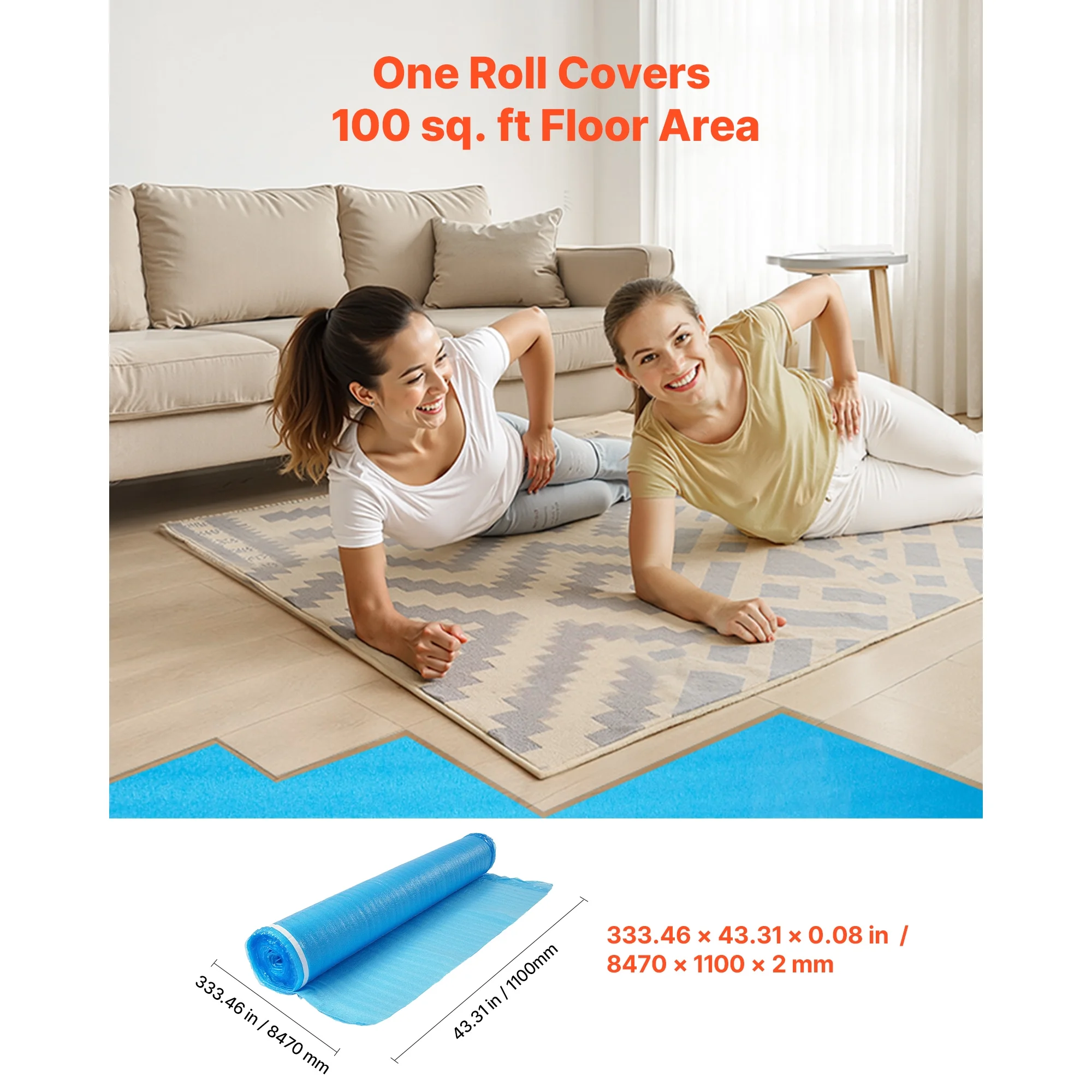KFFKFF Floor Underlayment 600 sq. ft, 3-in-1 2 mm Thick Padding with Tape & Moisture Barrier, Durable EPE Foam for Sound Dampening & Noise Control, Suitable for Laminate Wood (6 Rolls x 100 sq. ft)