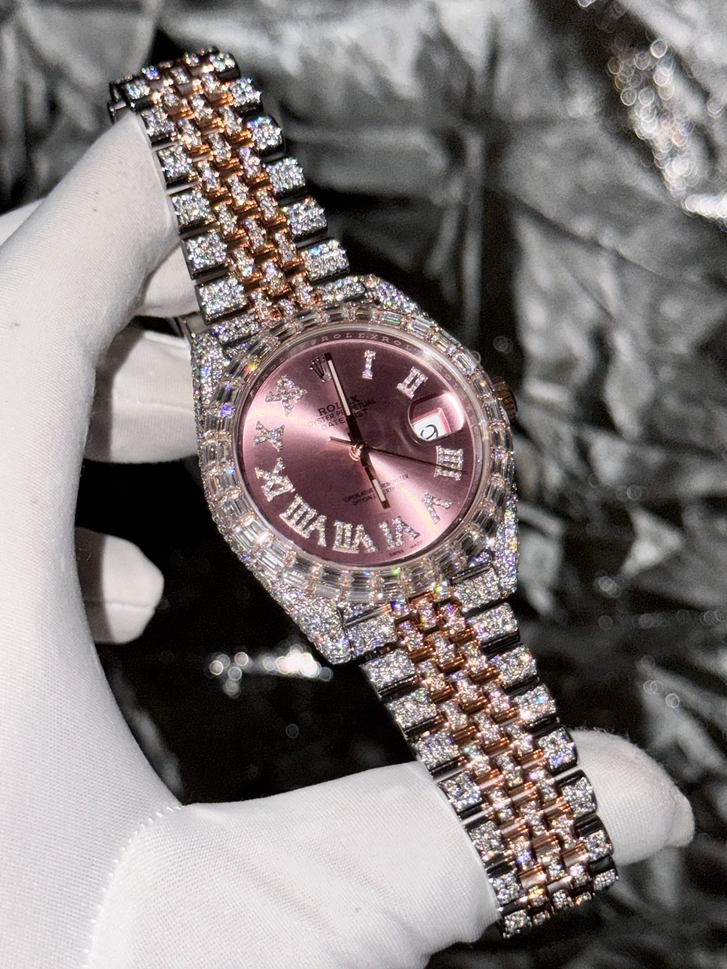 Rolex Replica Watch DateJust With Full Moissanite Diamond Pink Dial 41mm - Elite Watch Atelier