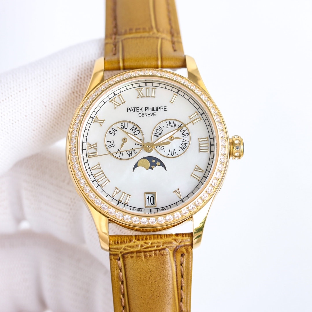 Fake diamond Watch Patek Philippe Replica 4936J-001 Complications Ladies Annual Calendar Moon Phase 37mm White Mother of Pearl Roman Diamond Bezel Yellow Gold Leather Date(1:1 replica) - Top club