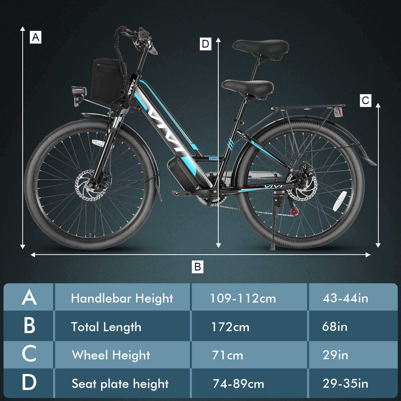 Vivi Electric Bike 26" City Commuter Electric Bike 48V 500W Step - Through Electric Bike 19.8MPH Electric Cruiser