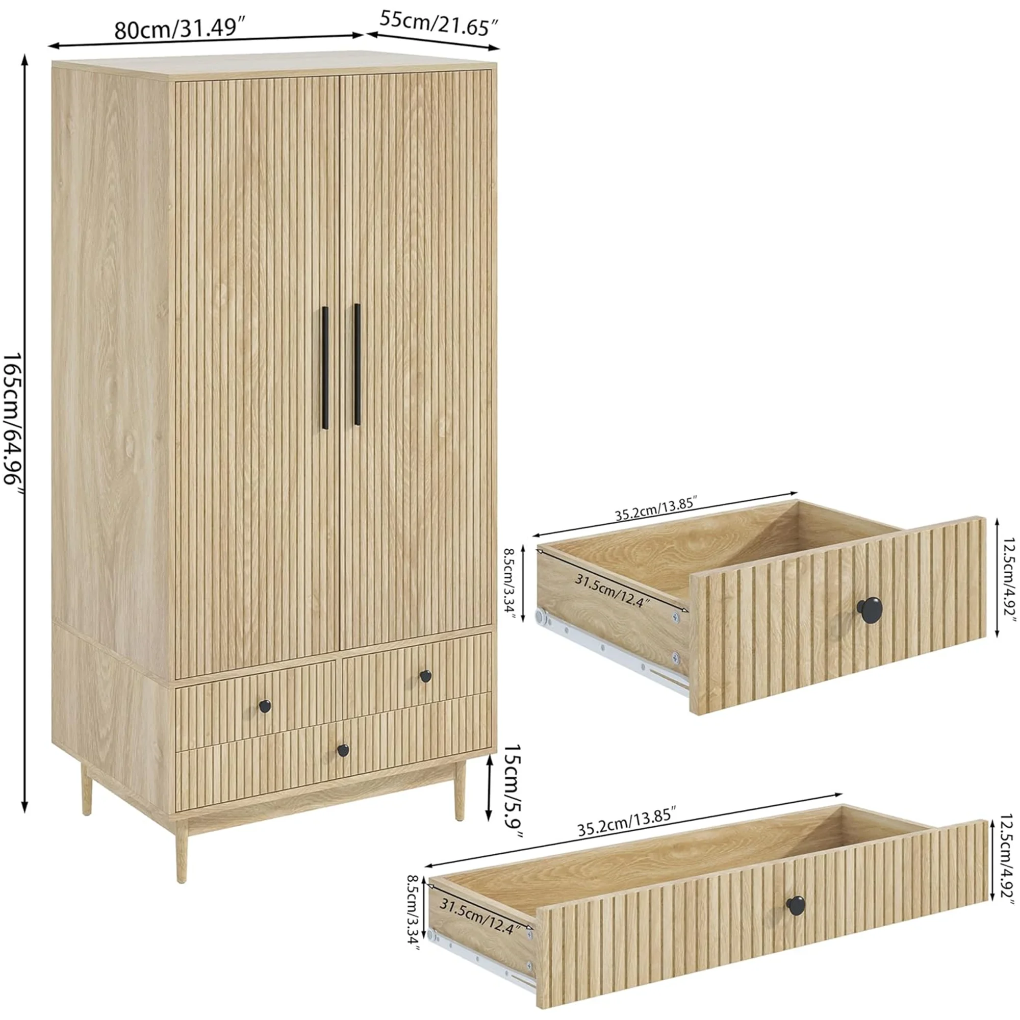 Oubayajia Wardrobe Armoire Closet, 2 Fluted Doors Wardrobe Cabinet with 3-Drawer and Hanging Rod, Wood Wardrobe Storage for Bedroom