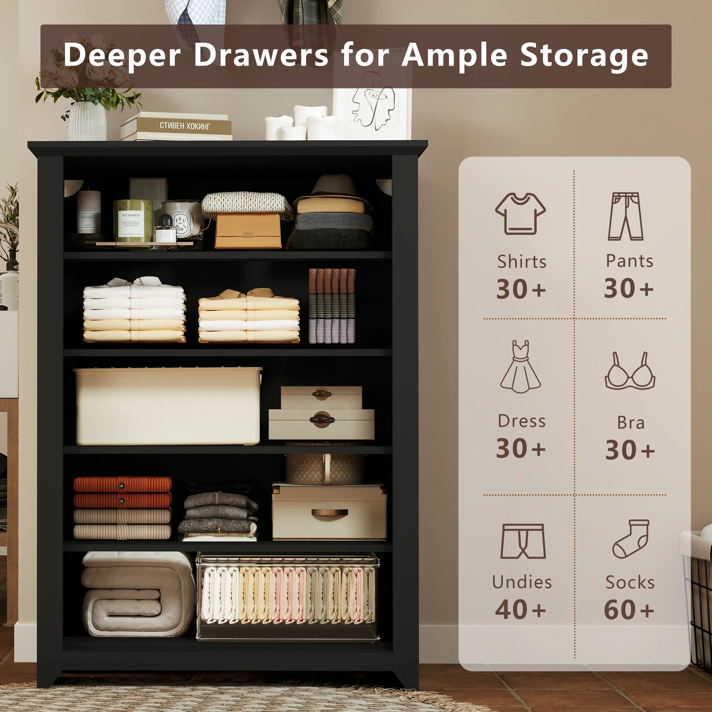 TrumanPick Black Dresser for Bedroom 5 Drawer Dresser 31.2