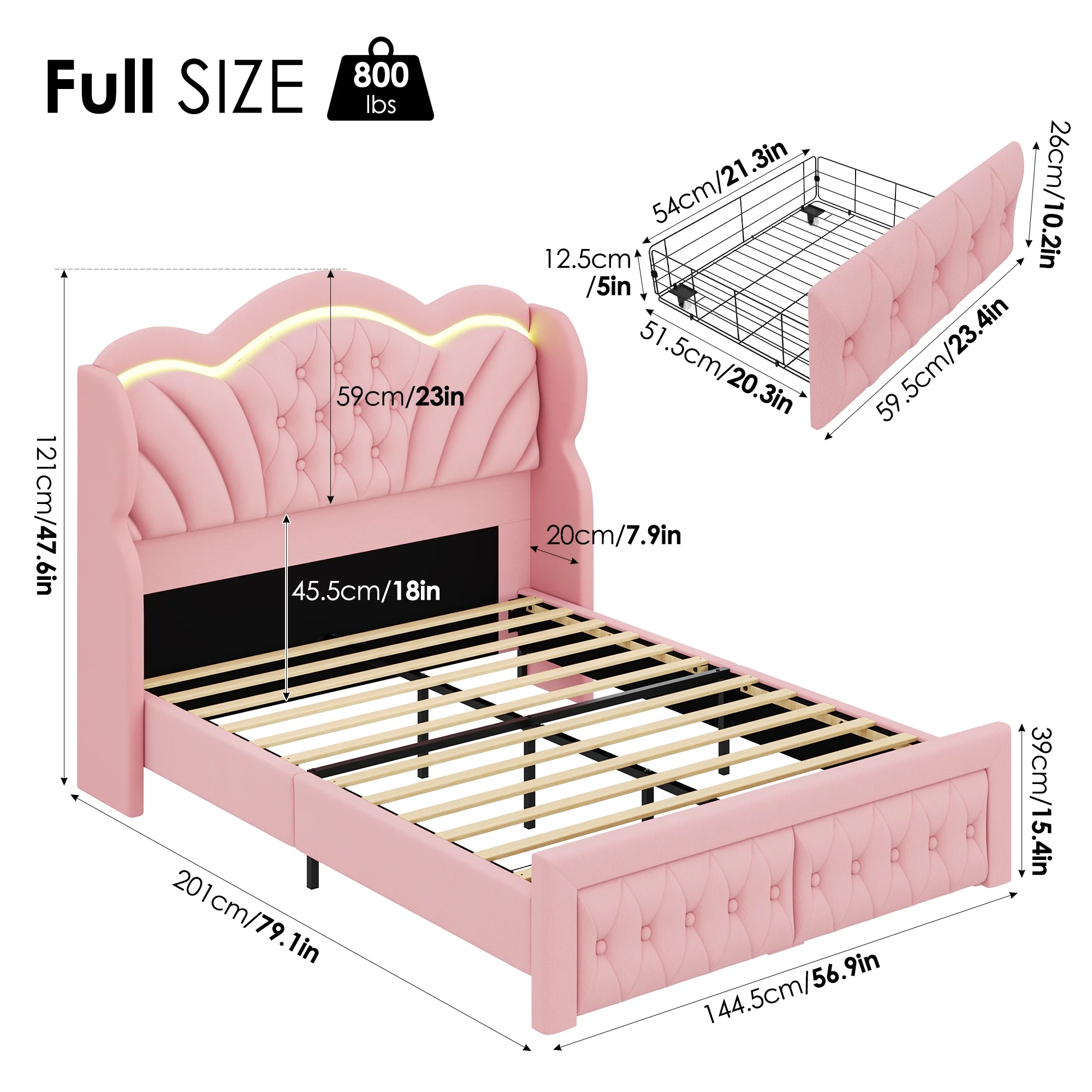 Hiphuta Modern Queen Bed Frame with 2 Drawers, LED Lights Platform Bed Frame, Sturdy Beds Frame with Upholstered Button Tufted Headboard, Velvet White - Image 19