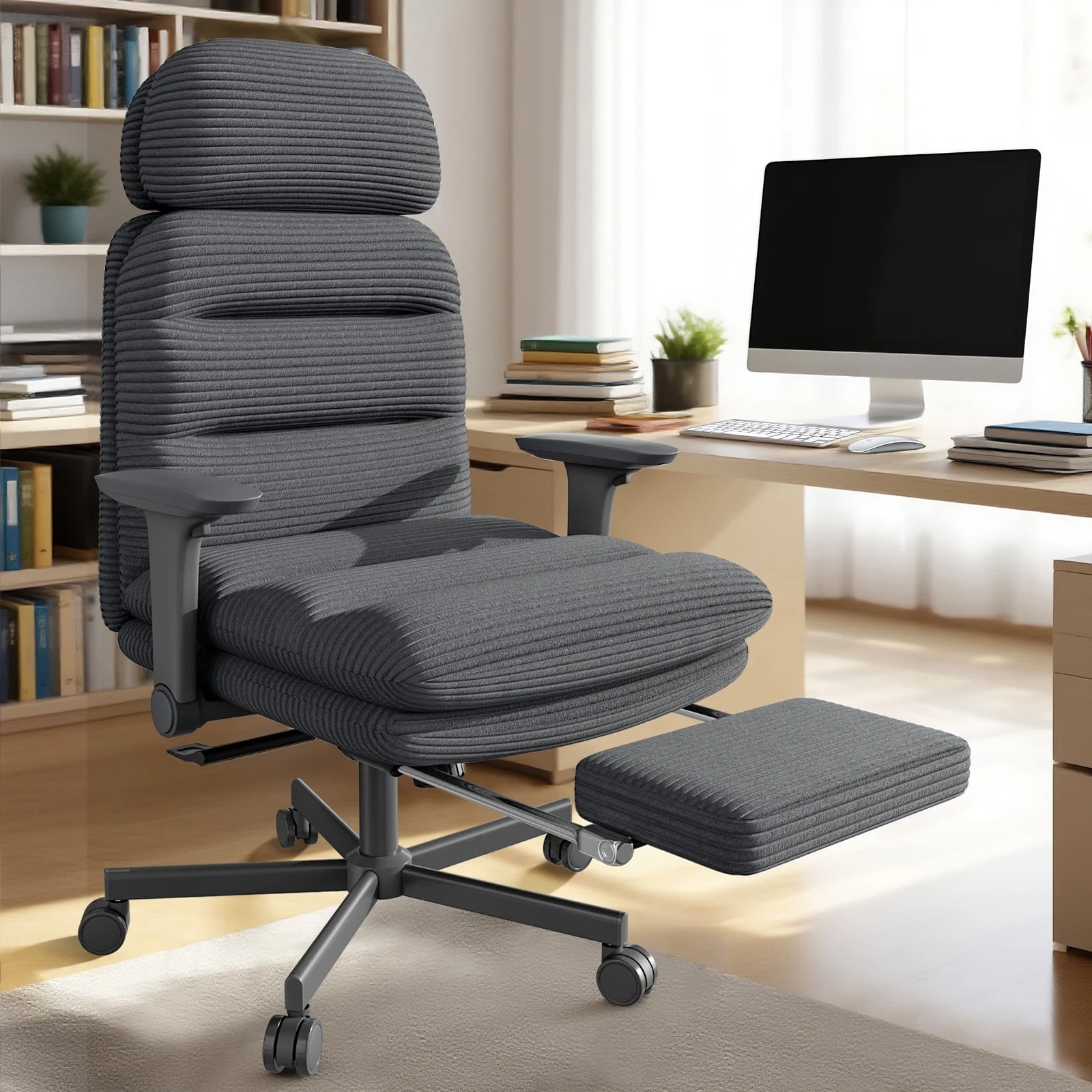 HomeZeer Ergonomic Cross-Legged Office Chair with Footrest & Headrest, Heavy Duty Executive Desk Chair with Flip-up Armrests, Corduroy Fabric Computer Criss Cross Chair for Home Office, Black - Image 11
