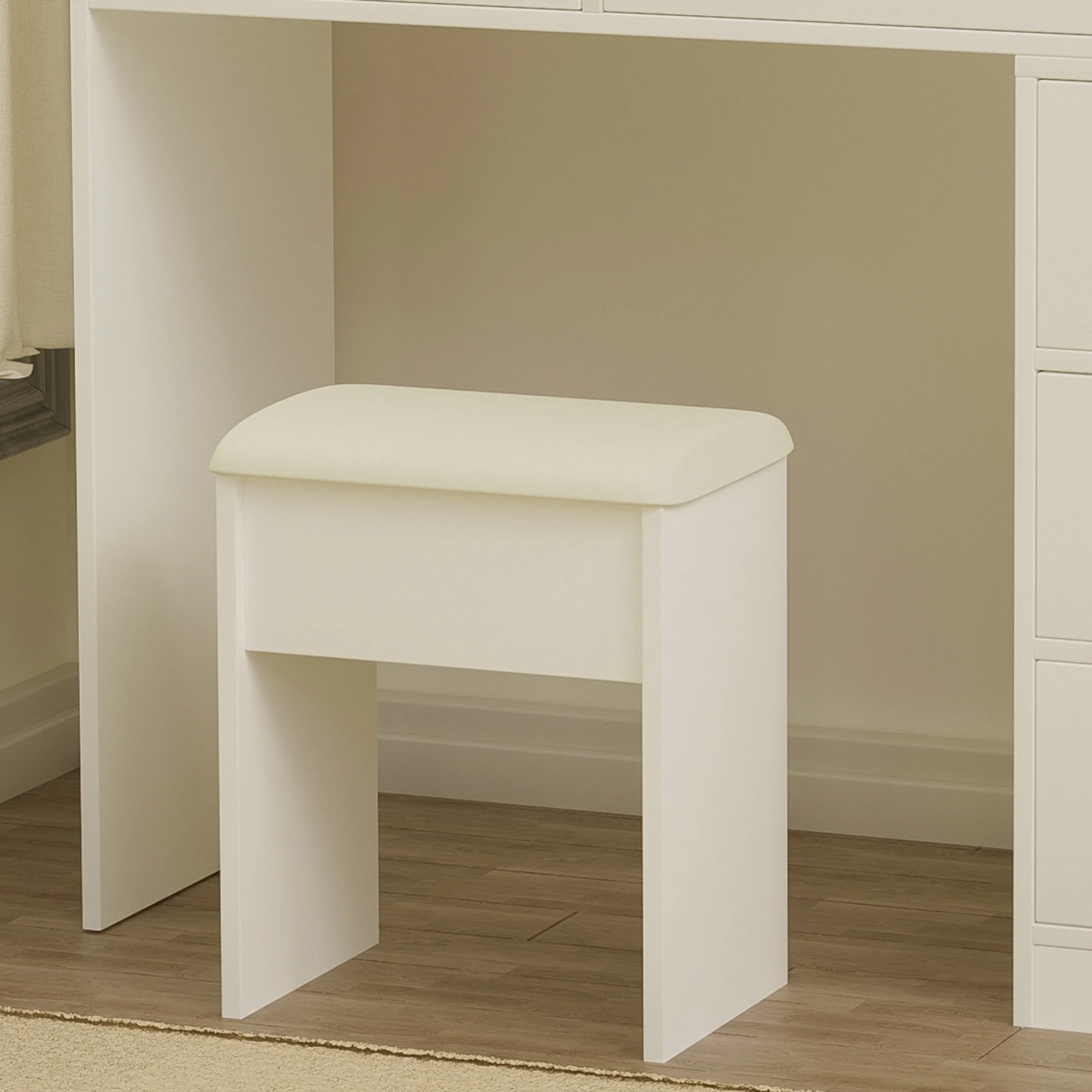 Montary Modern Mini Vanity w/Adjustable LED Mirror + Hidden Storage, Padded Stool & Dustproof Shelves (White) - Image 78