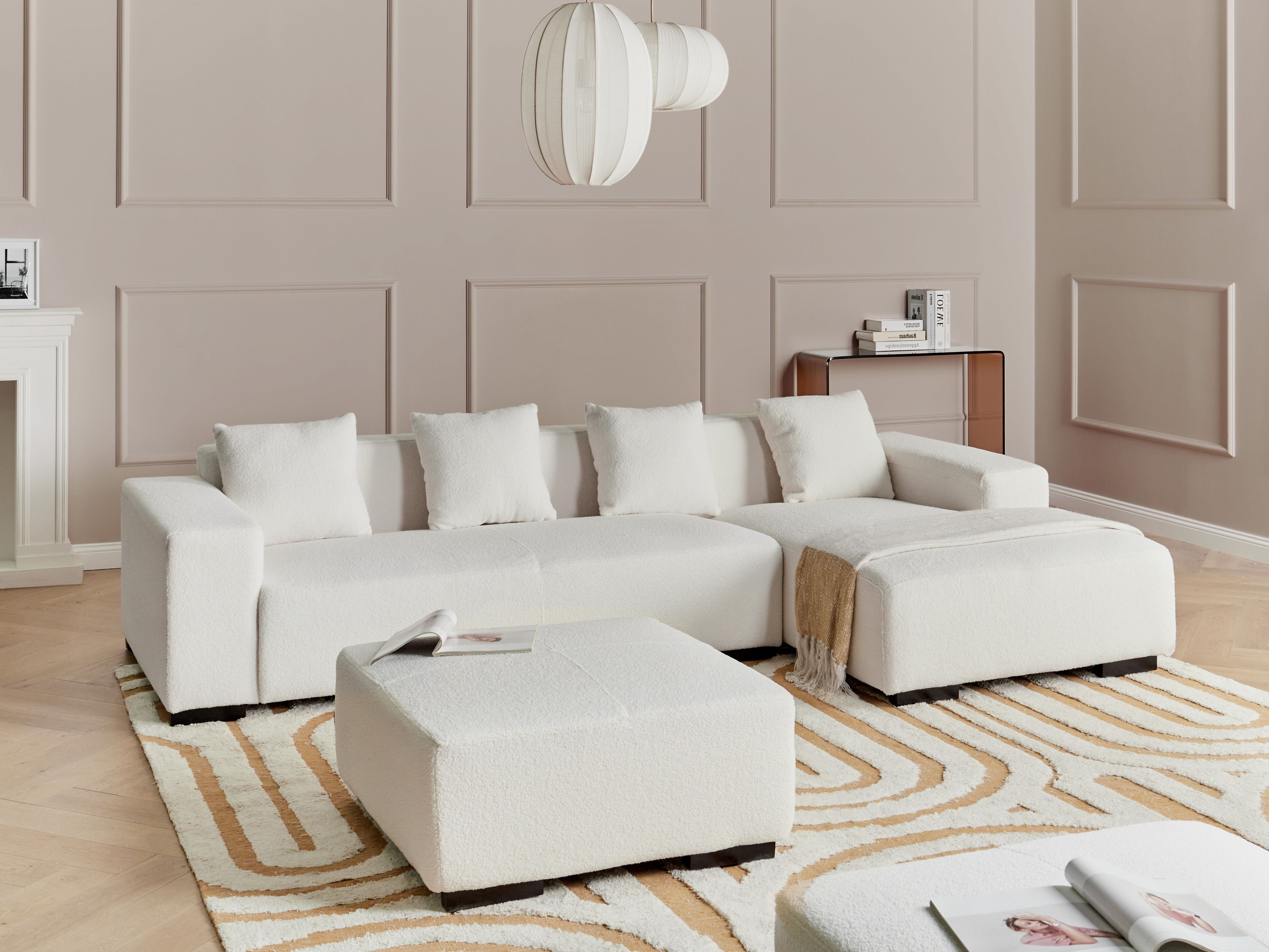 Corner Sofa 4 Seater LUNGO Boucle White with Ottoman Left Hand