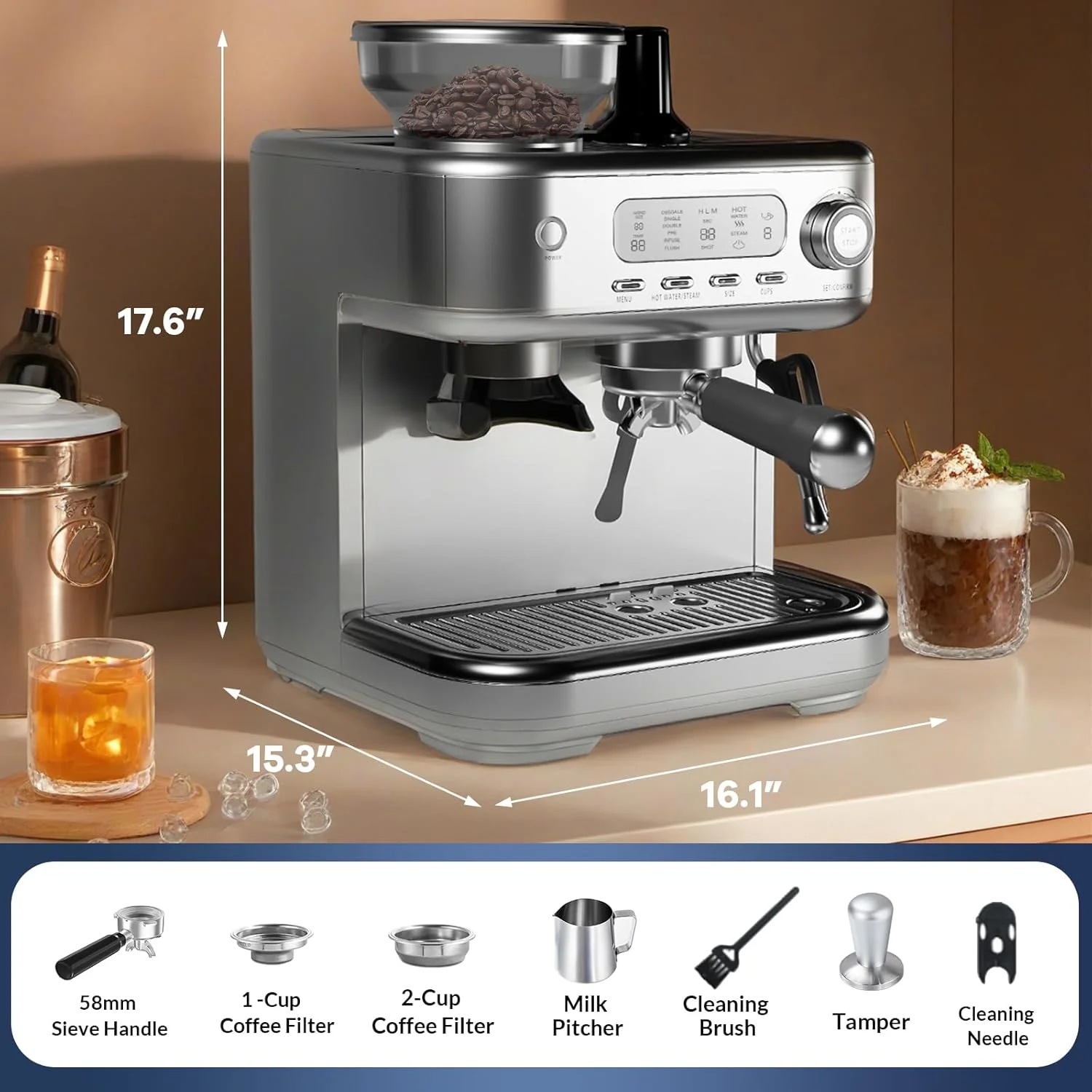 Espresso Machine 15 Bar, LCD Display Espresso Maker with Grinder, Milk Frother and PID Temperature Control, Professional Coffee Maker for Latte Cappuccino - 8.8 Oz Bean Hopper