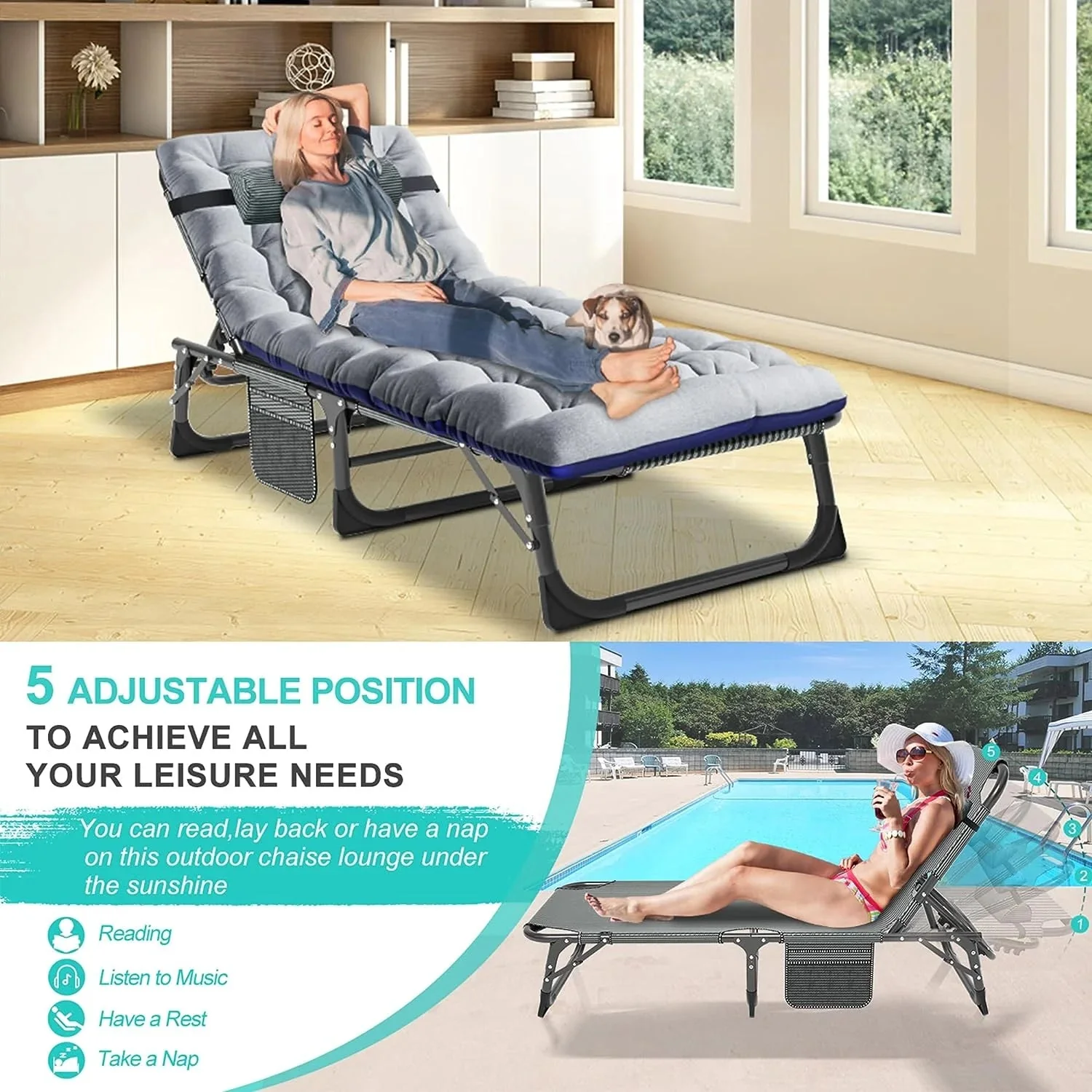 Slsy 5-Position Adjustable Folding Lounge Chair And Cot - 75.2" x 25.6" x 11.8" - Image 70 Slsy 5-Position Adjustable Folding Lounge Chair And Cot - 75.2" x 25.6" x 11.8" - Image 70