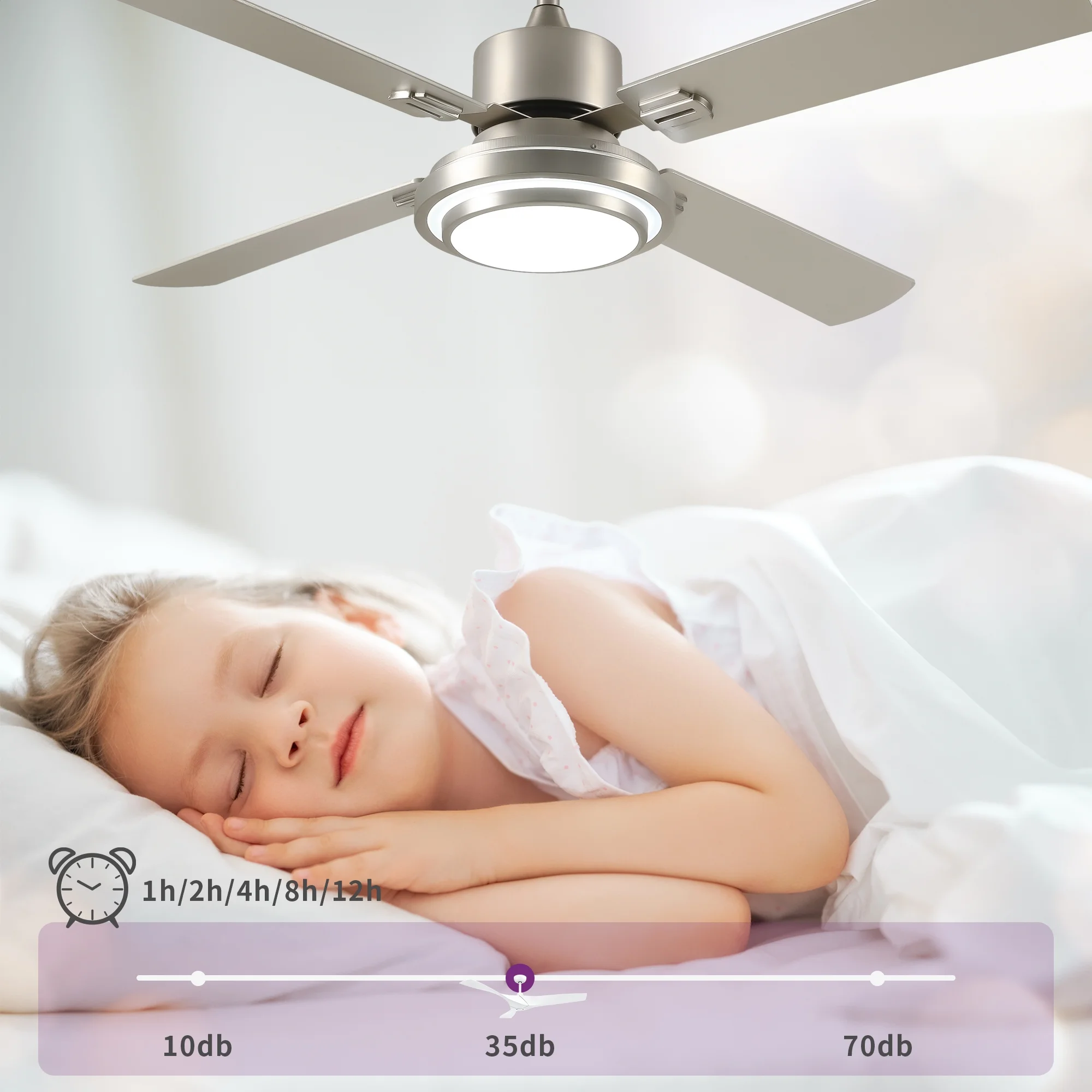 Dextrus 52'' Ceiling Fan with Light and Remote Control, 6 Speeds, 5 Timer Settings, and Dual-Finish Blades (Nickel) - Image 4