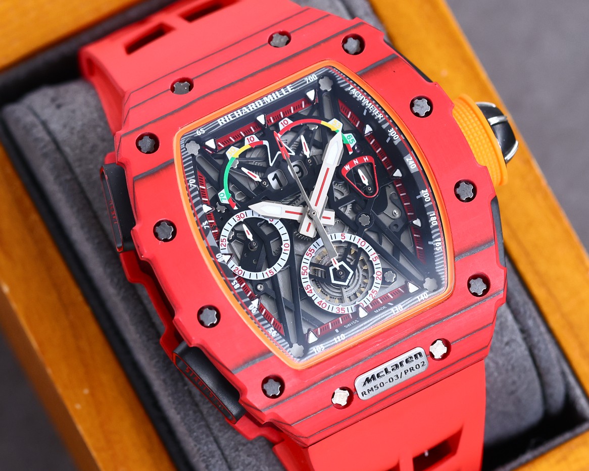 Best Richard Mille RM 50-03 Mclaren Replica Red Strap Watch For Men �C Red Carbon Skeleton Dial with Swiss Movement - Top club