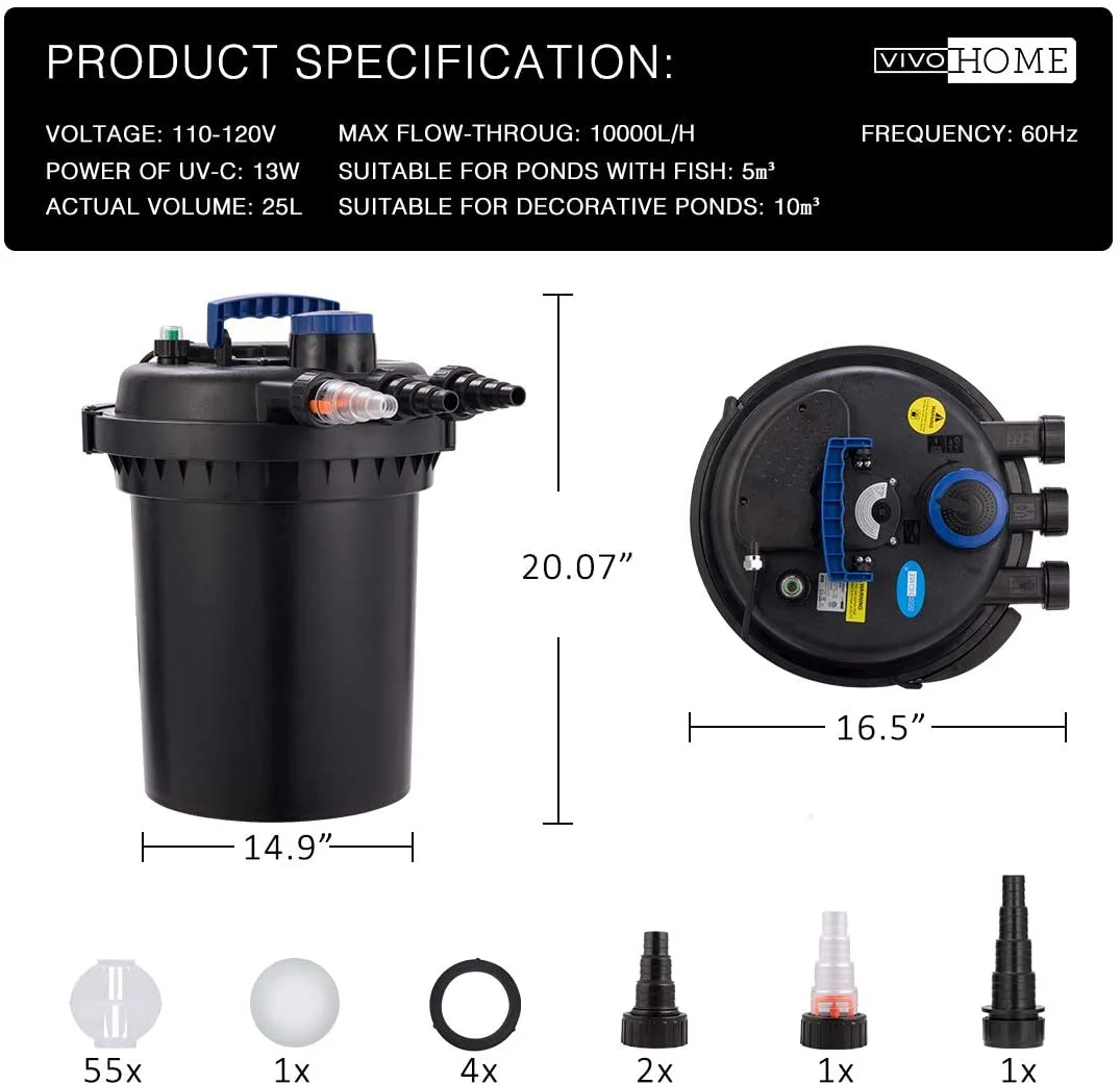 SPECSTAR Pressurized Biological Pond Filter with 13-watt Light, 1580 GPH Suitable for Koi Ponds up to 800 Gallons or Ornamental Ponds up to 1600 Gallons - Image 17