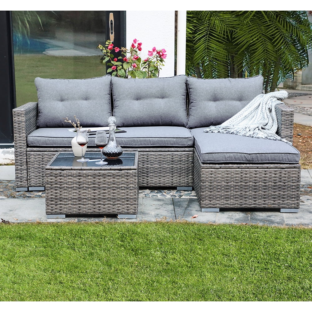 JOIVI 3 Pieces Patio Conversation Set, PE Wicker Rattan Outdoor Furniture Set, 2 Ways Small Sectional Sofa, Tempered Glass Coffee Table, Silver-Gray - Image 8