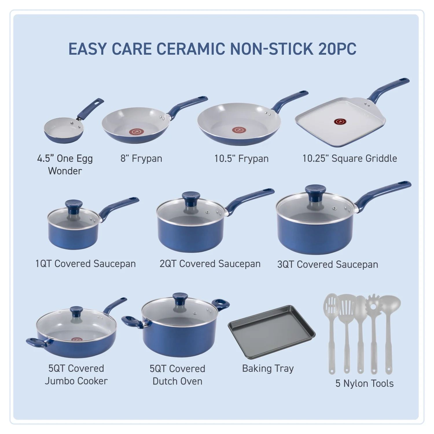 T-fal Easy Care Ceramic, 20 Piece Pots and Pans Cookware Set, Electric Blue