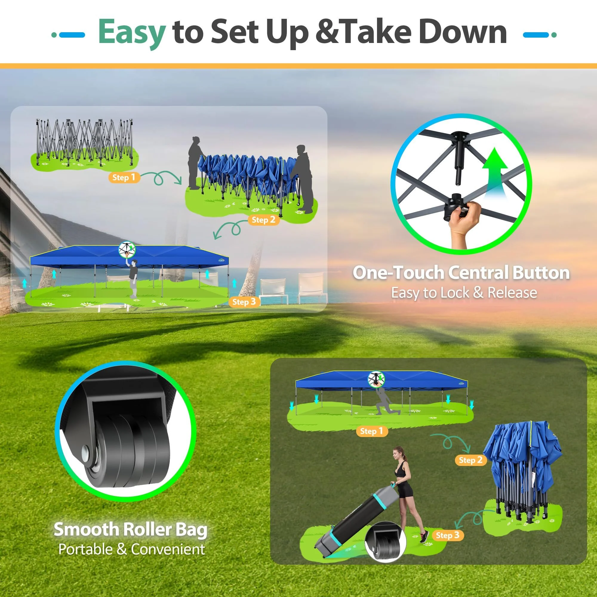 COBIZI 10x10 EZ Pop up Canopy Gazebo with Sidewalls,Pop up Canopy Tent Instant Shelter for Outdoor Party Camping Backyard Beach with Air Vent ,Carry Bag,Stakes,Ropes,Black - Image 36