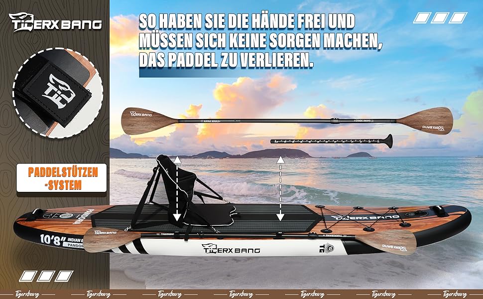 Nadmuchiwana brodzik na plaży o zachodzie słońca. Funkcje obejmują wiosło, system pomp i kompaktową konstrukcję. Tekst w języku niemieckim opisuje zalety produktu.