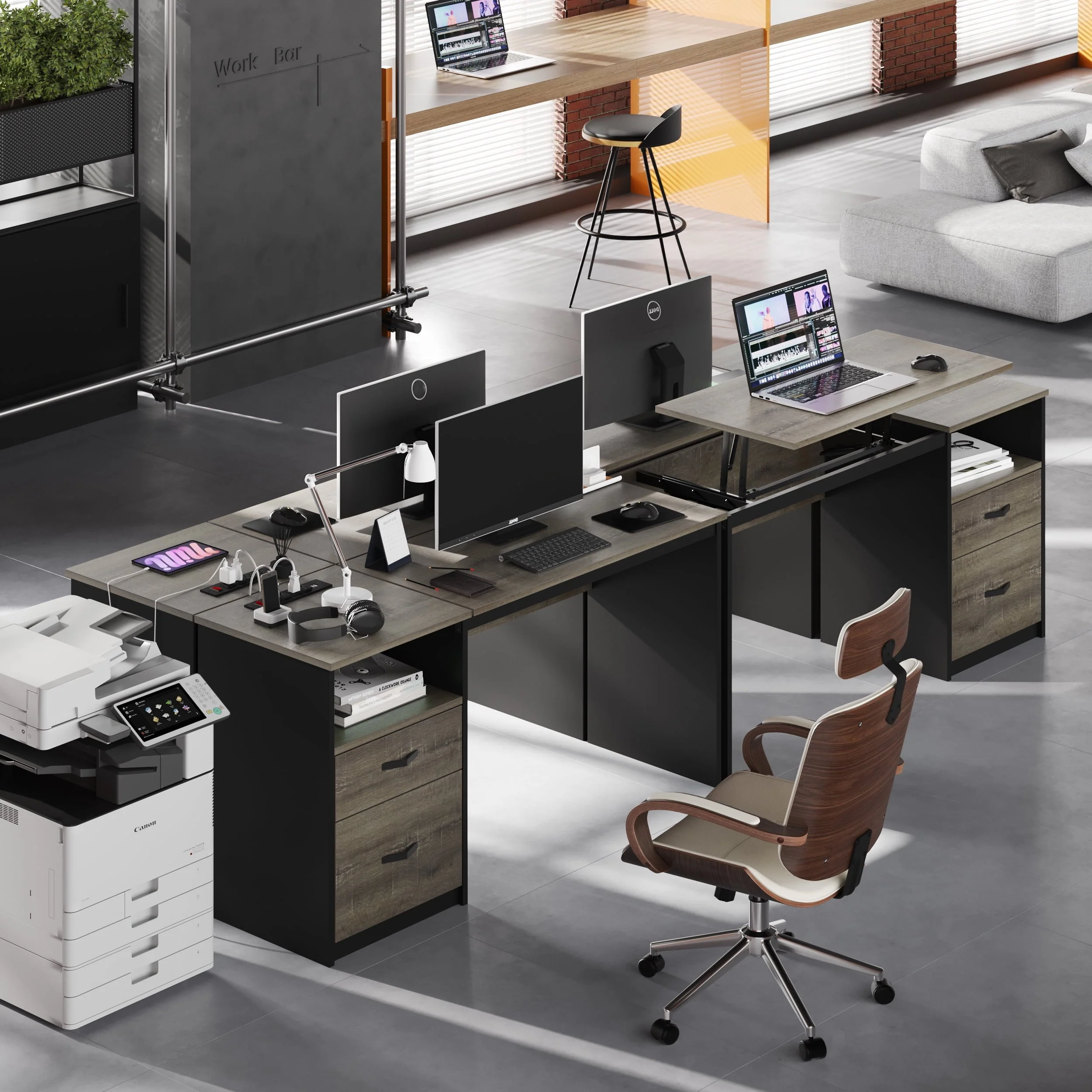 Bestier Computer Desk with Drawers Power Outlet 60" Office Desk Lift Top Desk, Gray - Image 2