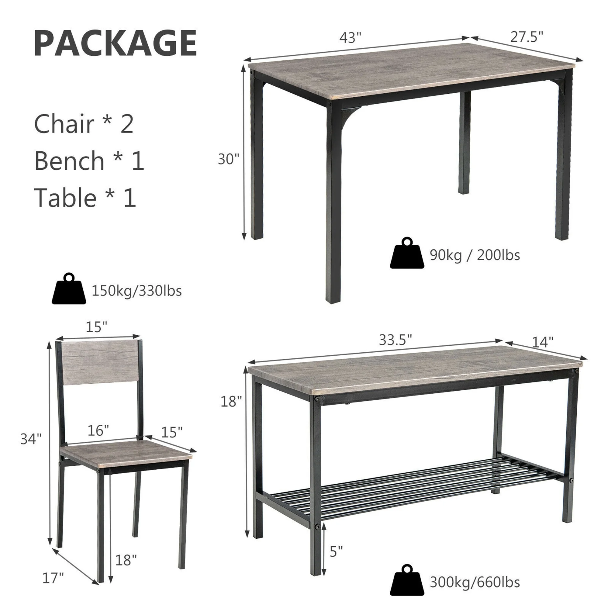 Gymax 4pcs Dining Table Set Rustic Desk 2 Chairs & Bench w/ Storage Rack Grey