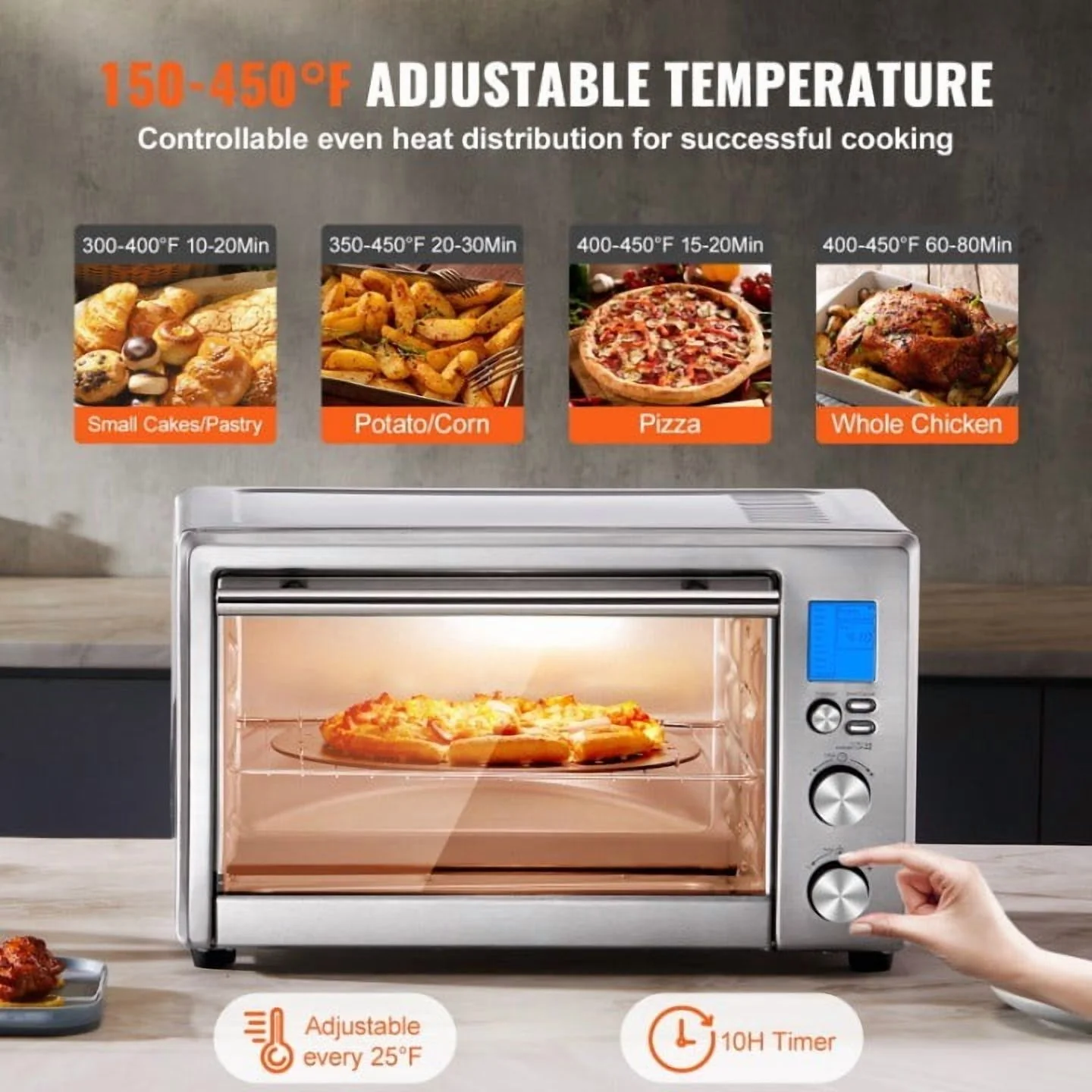 10-in-1 Countertop Convection Oven, 28L Toaster Oven with Air Fryer, 1800W Bake Rotisserie & Toast, Includes Pan & Rack