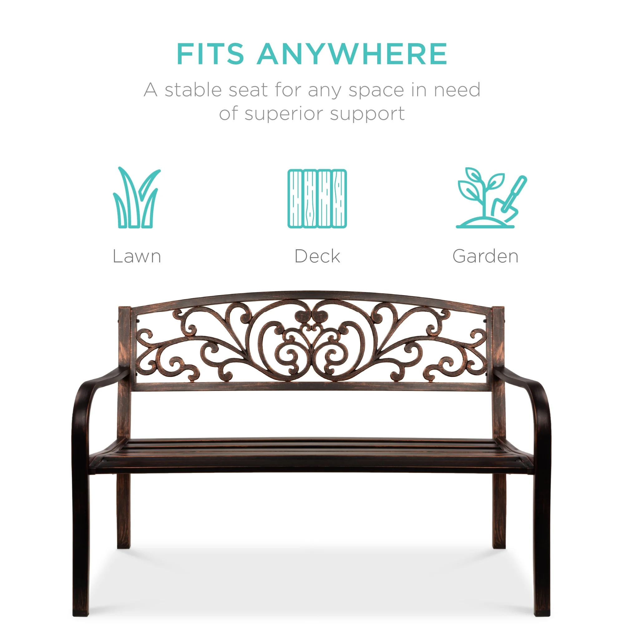 Best Choice Products Outdoor Steel Bench Garden Patio Porch Furniture w/ Floral Design Backrest - Black - Image 90