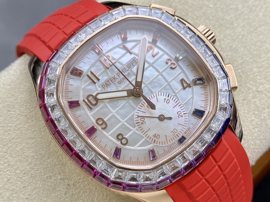 Fake Patek Philippe Replica Watch Aquanaut Luce Rainbow Chronograph Rose Gold Diamond/Gems Mother of Pearl Sapphire 7968/300R-001(1:1 replica) - Top club