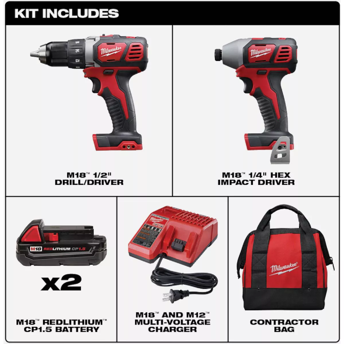 Milwaukee M18 2-Tool Cordless Compact Drill/Driver & Compact Impact Driver Combo Kit with (2) 1.5 Ah Batteries & Charger