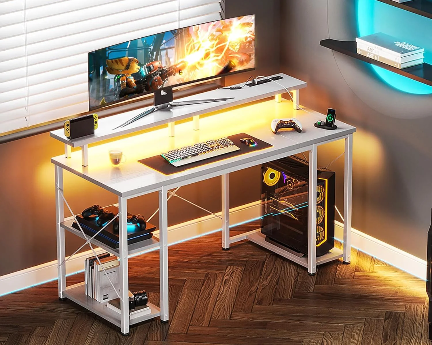 ODK 48 inch Gaming Desk with LED Lights & Power Outlets, Computer Desk with Monitor Stand & Storage Shelves, CPU Stand, Home Office Desk, White