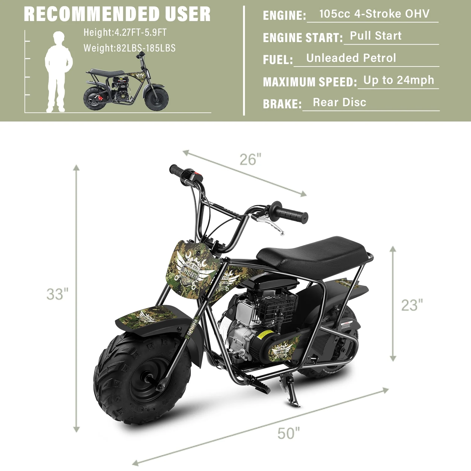 Oryxearth Mini Bike for Kids Motorcycle, Mini motorcycle for kids, Set of Four, 105CC 4-Stroke Ride on Toys, Camo - Image 10