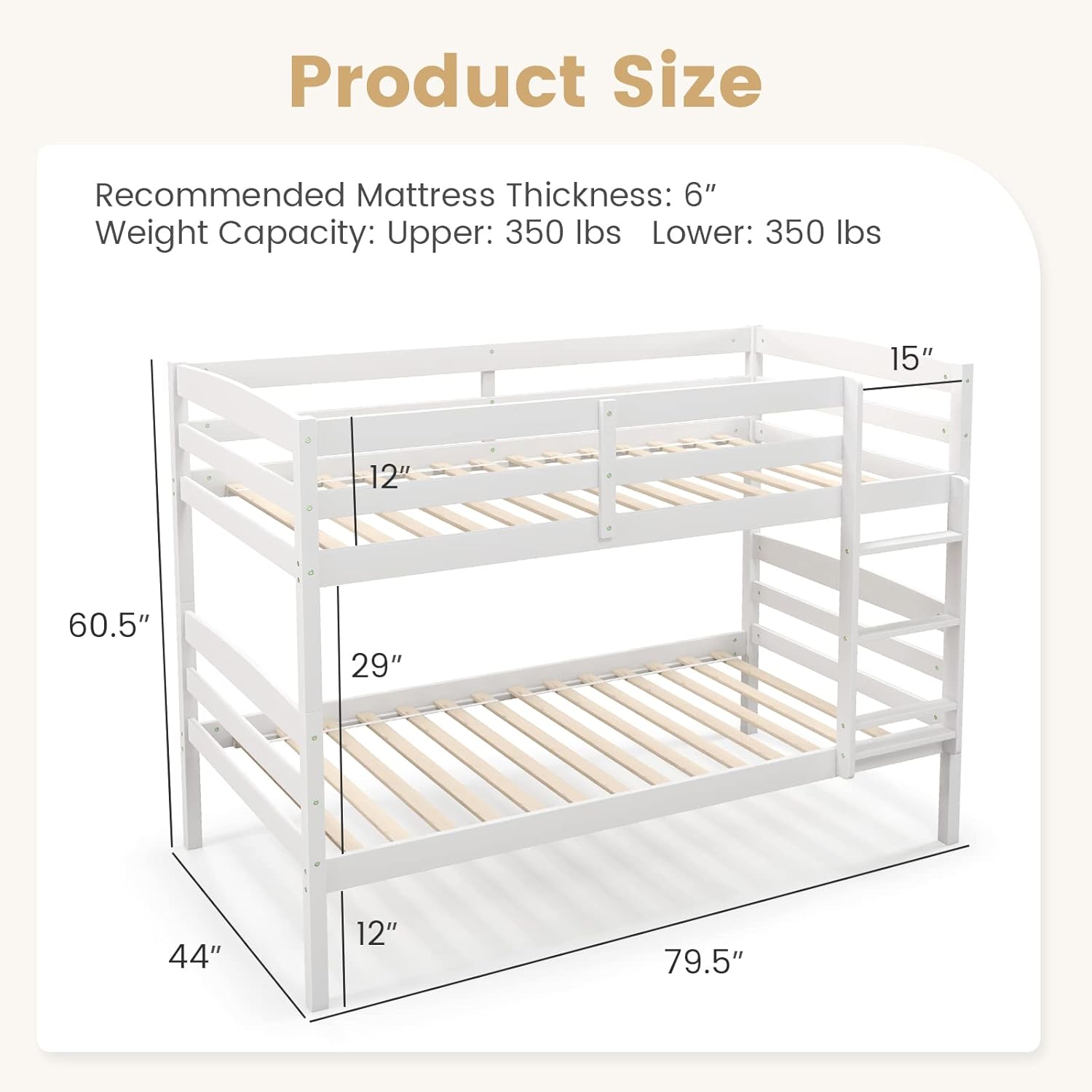 KOMFOTT Bunk Bed Twin Over Twin, Bunk Bed Frame w/Full-Length Guardrail & Integrated Ladder, Wood Bunk Bed for Small Space, Converts to 2 Individual Beds for Kids & Adults, No Box Spring Needed