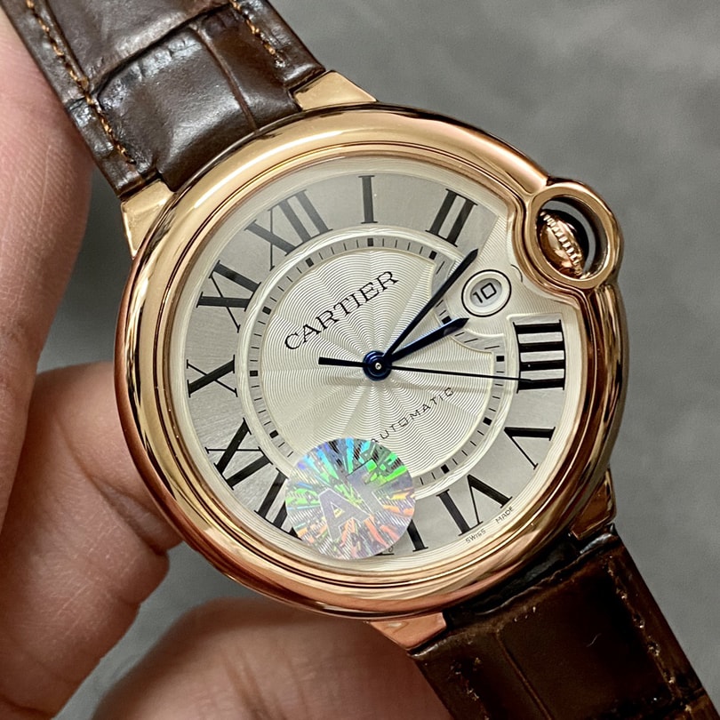 Fake Cartier Watch Ballon Bleu de Rose Gold 42mm Silver Dial Leather Strap WGBB0030 AF(1:1 replica) - Top club