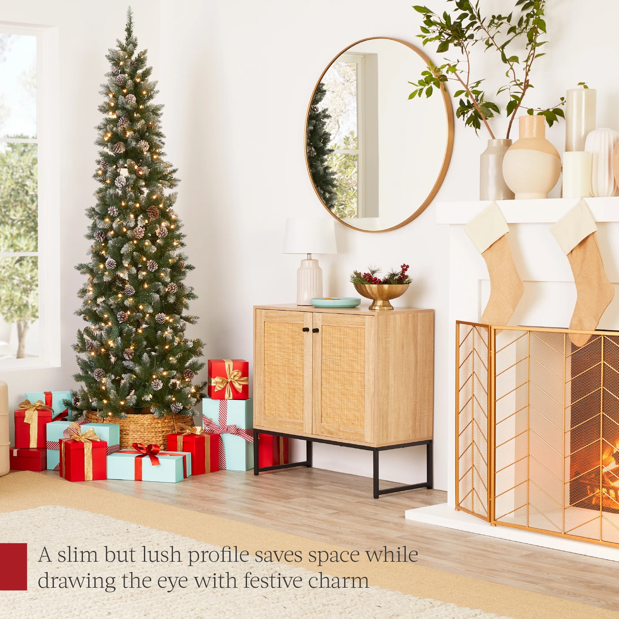 Best Choice Products 6ft Pre-Lit Partially Flocked Pencil Christmas Tree w/ 250 Lights, Pine Cones, Foldable Stand - Image 9