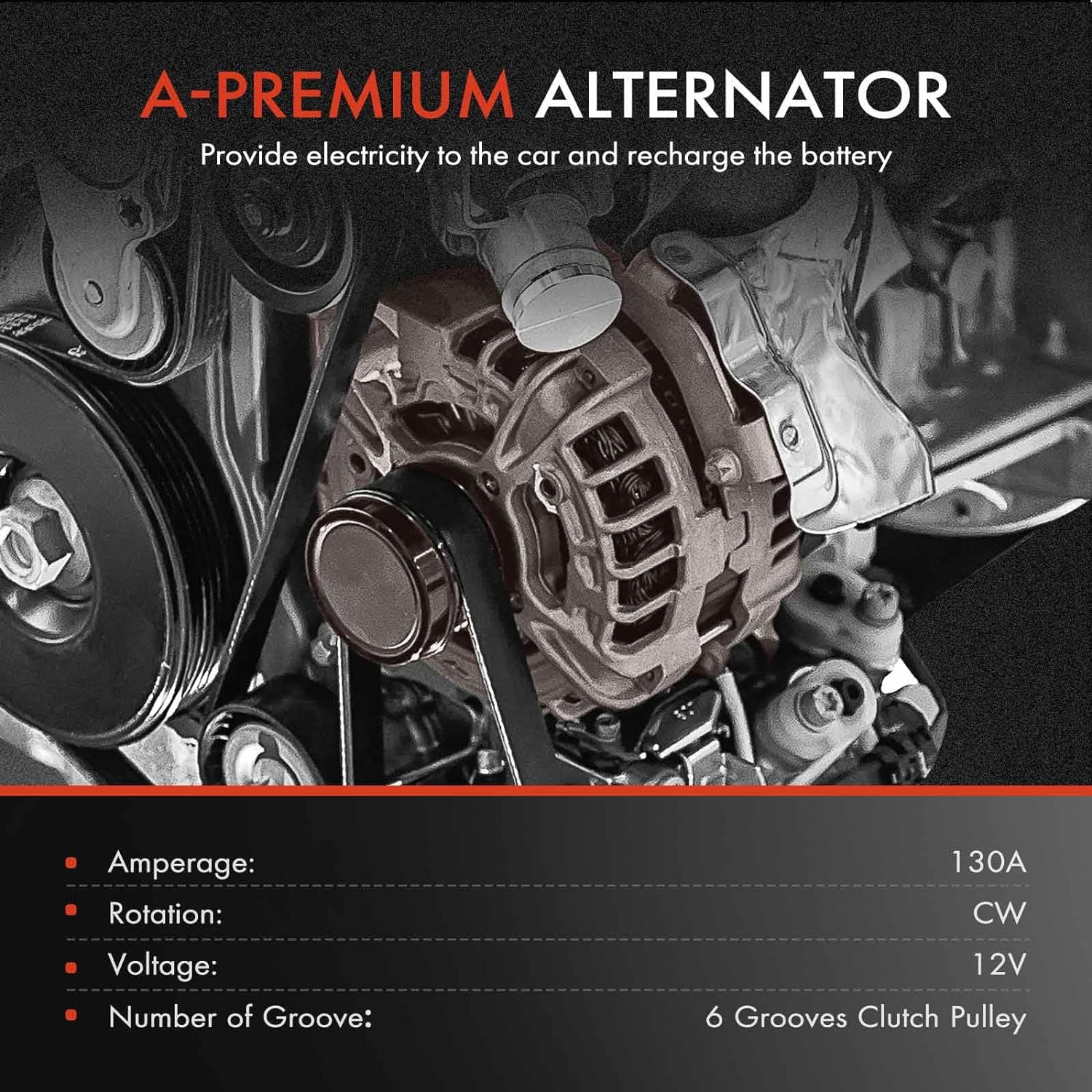 A-Premium Alternator Compatible with Kia Soul 2017-2019, Rio 2018-2019, Seltos 2021 & Hyundai Accent 2018-2019, 1.6L, 12V 130A 6-Groove Clutch Pulley Clockwise, Replace# 2626125, 373002B970
