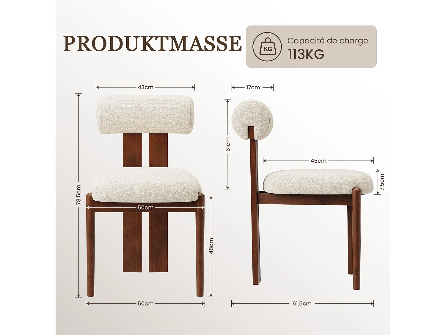 Lot de 2 chaises de salle à manger SMARTUE, dossier cylindrique, cadre en bois, pieds noyer foncé, Beige