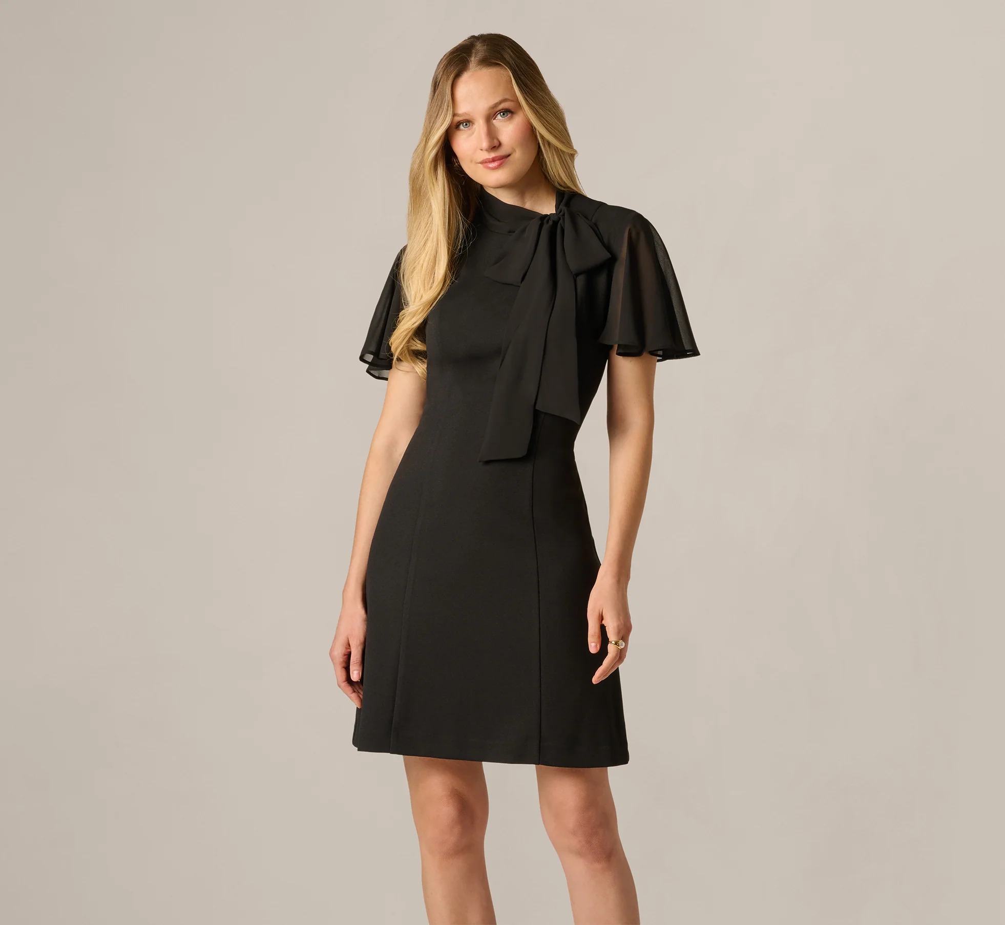 Flutter Sleeve Tie Neck Stretch Short Dress In Black