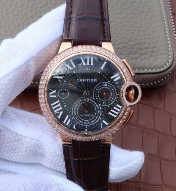 Replica Cartier Ballon Bleu De Cartier Chrono RG Black Dial Diamonds Bezel A8101 - Top club