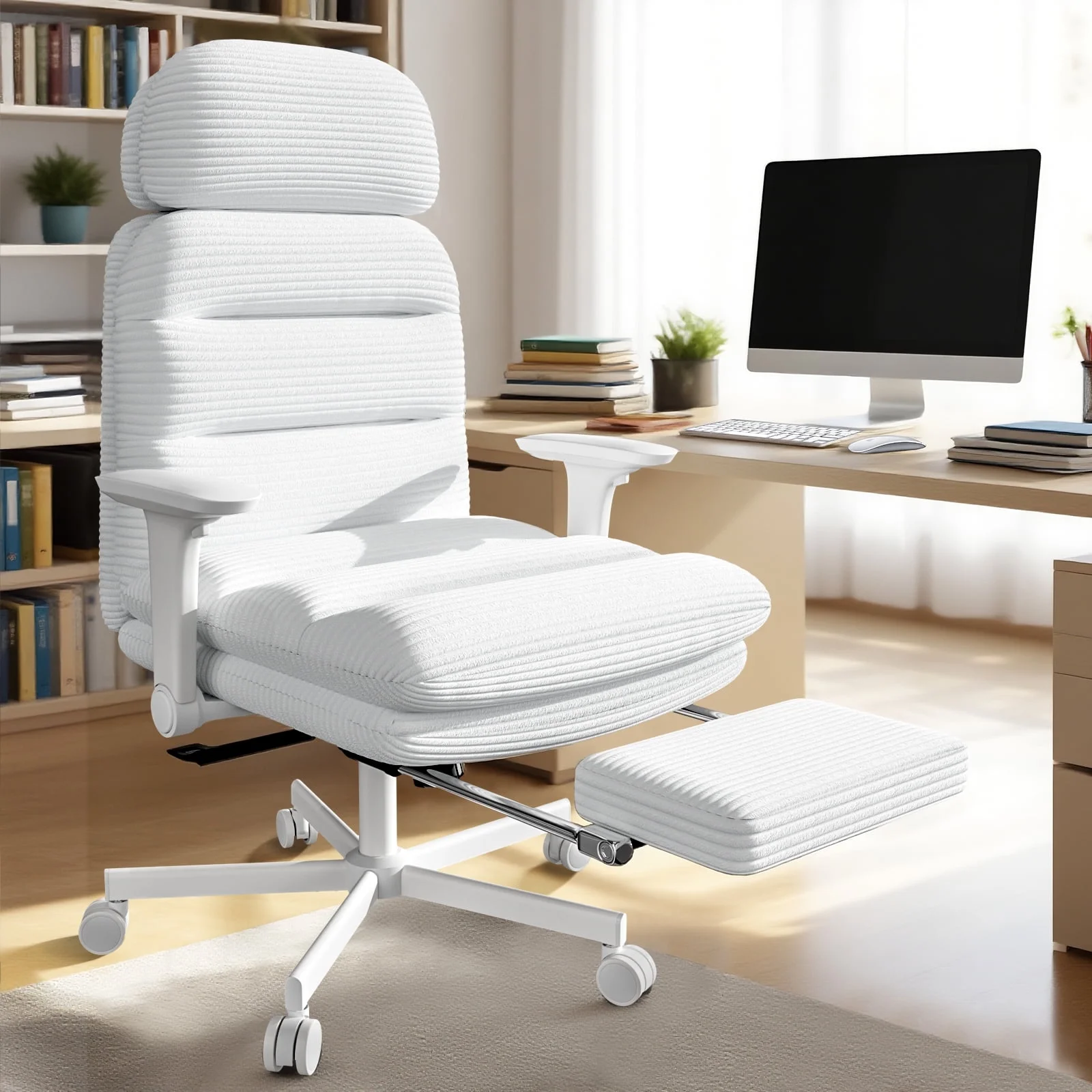 HomeZeer Ergonomic Cross-Legged Office Chair with Footrest & Headrest, Heavy Duty Executive Desk Chair with Flip-up Armrests, Corduroy Fabric Computer Criss Cross Chair for Home Office, Black - Image 29