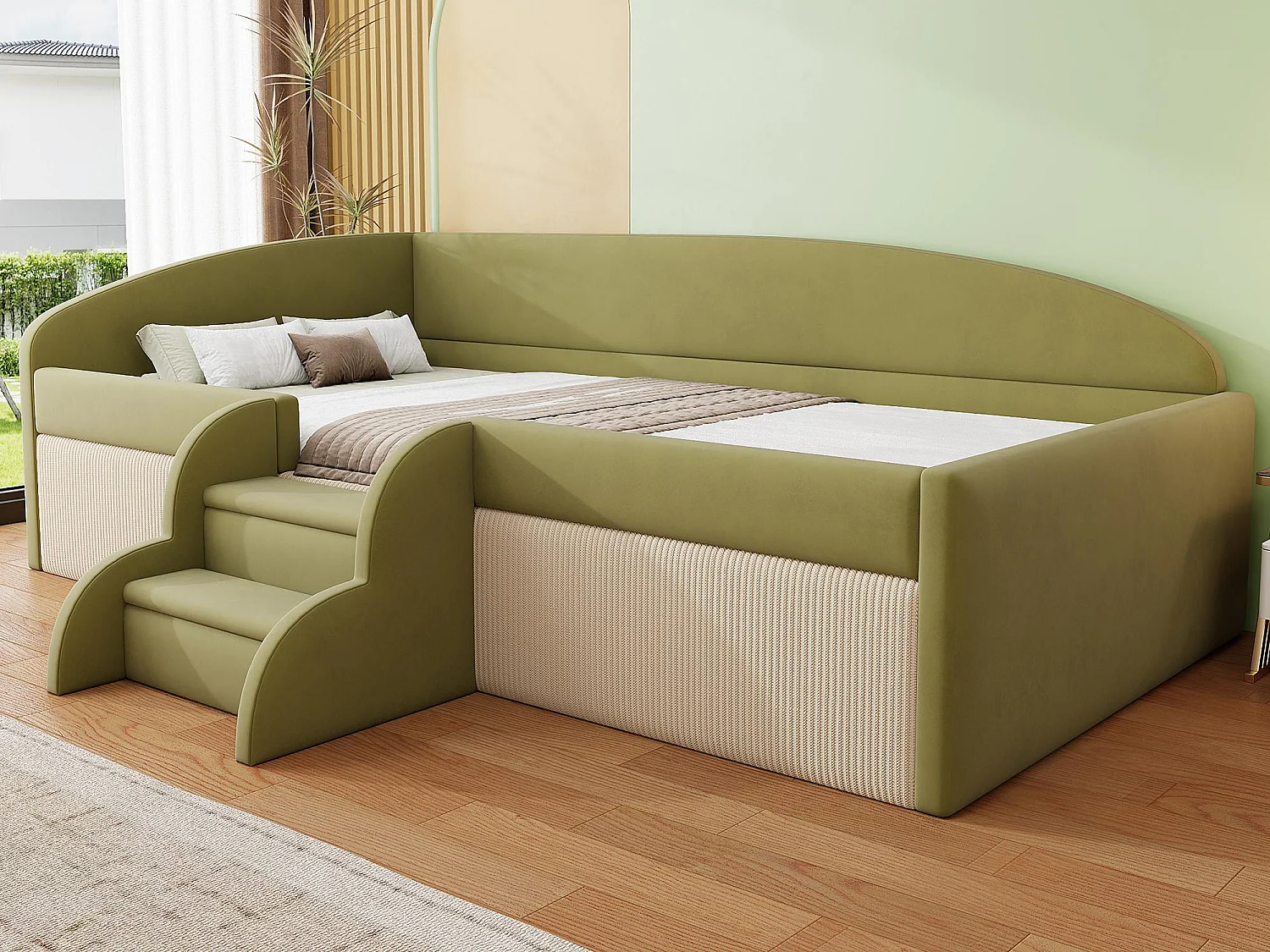 Canapé-lit rembourré 90x190 cm - avec 2 marches - avec sommier à lattes - Vert (matelas non inclus)