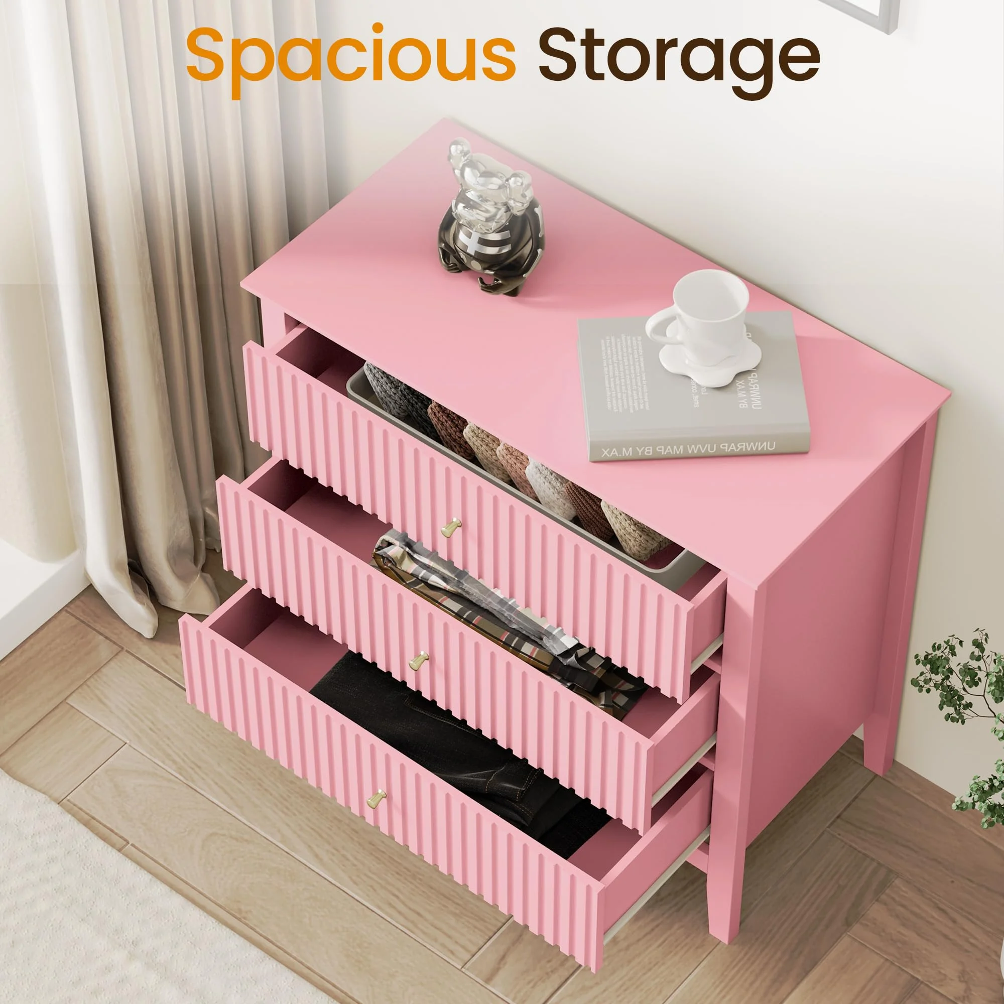 Heynemo Beige 6 Drawer Dresser, Fluted Modern Wood Chest - Image 51