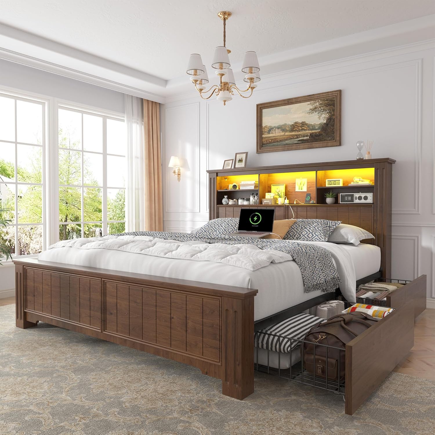 EnHomee Full Size Bed Frame with Headboard and Storage, 4 Drawers and LED Built in Charging Station Full Bed Frame with Storage Farmhouse, NO Noise,No Box Spring Needed,Brown