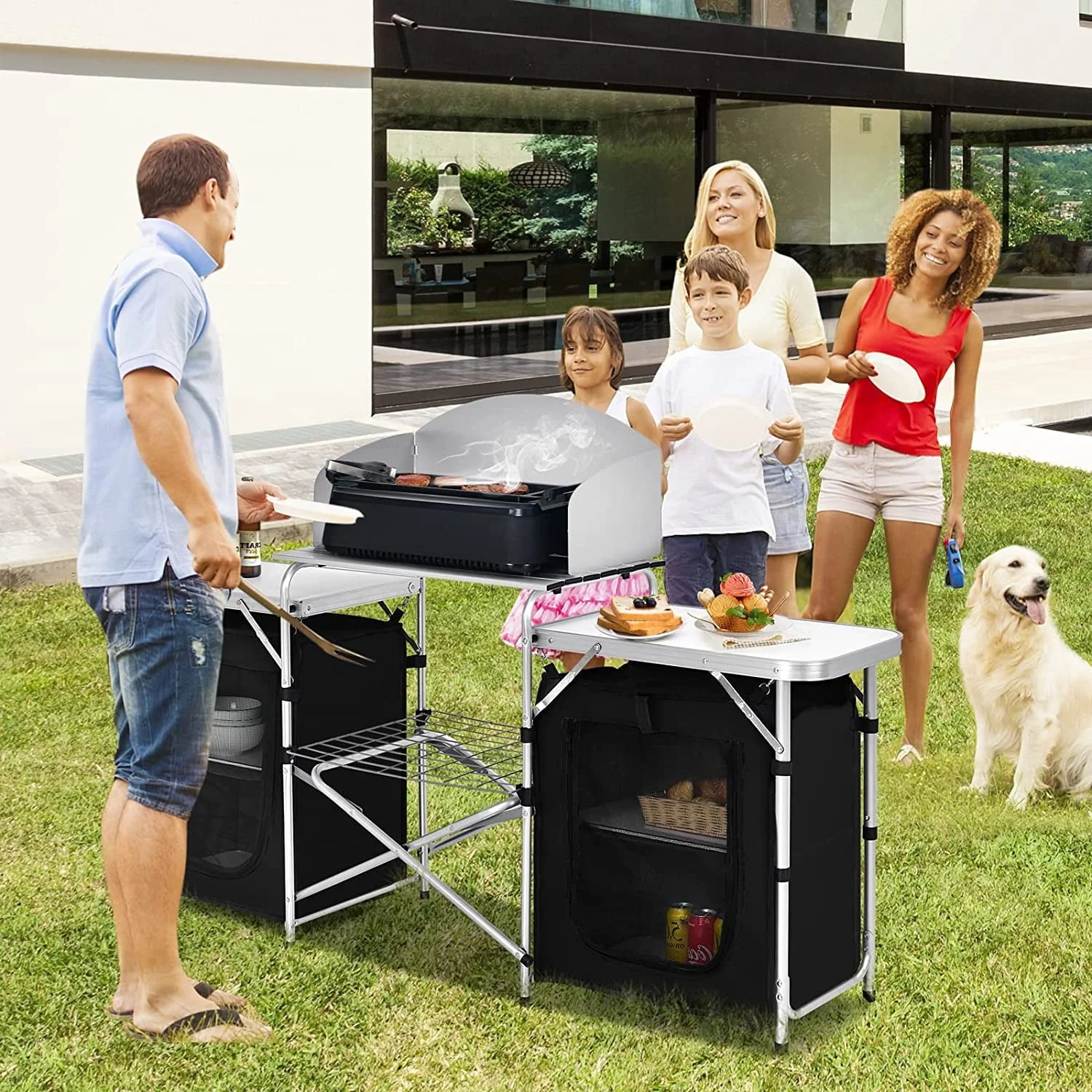 Camping Kitchen Table with Storage, Aluminum Portable Outdoor Cooking Table with Windscreen, Foldable Camp Table Cook Station for BBQ, Grill, Party, Picnics - Image 10
