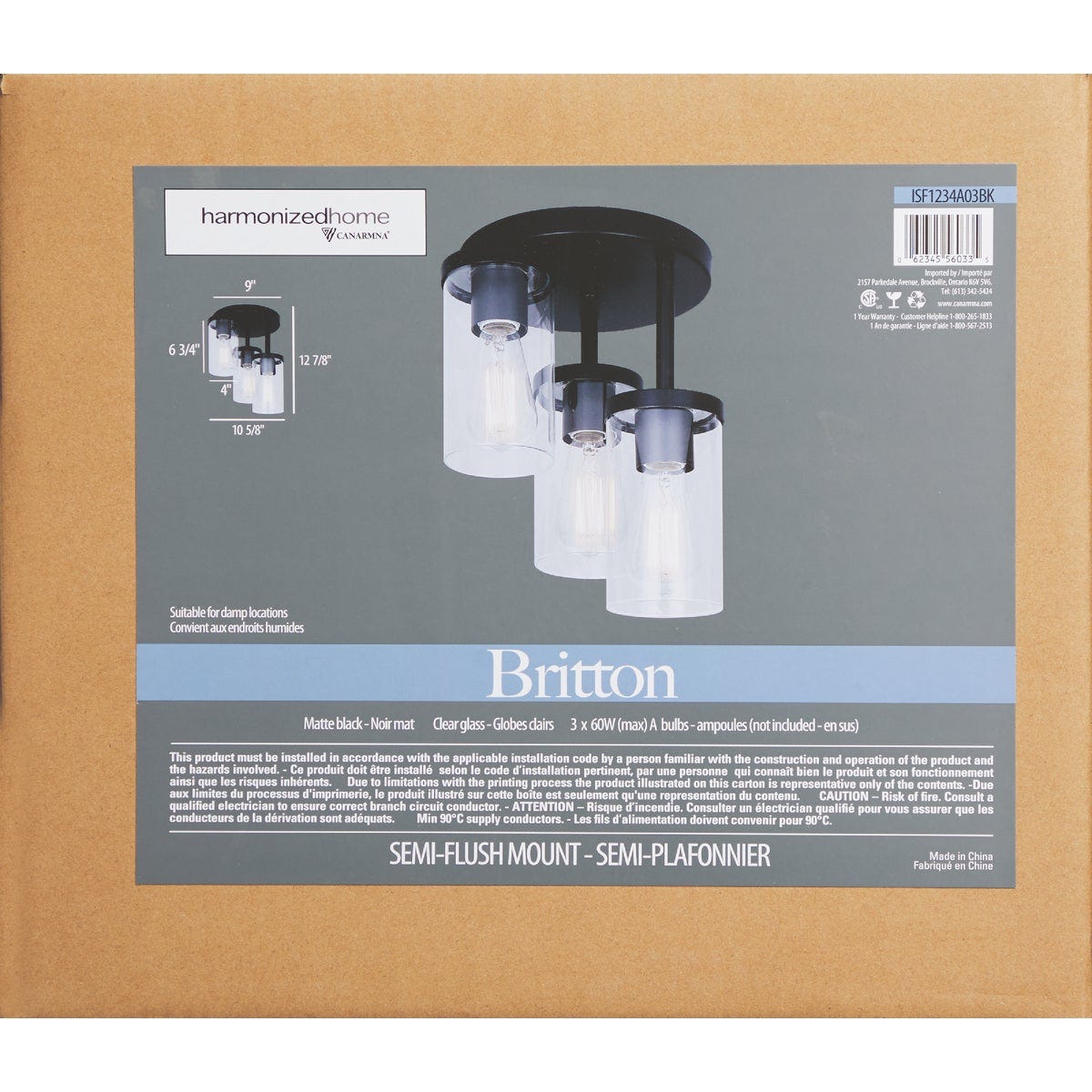 Canarm Britton 3-Light Black Semi-Flush Mount Ceiling Light Fixture