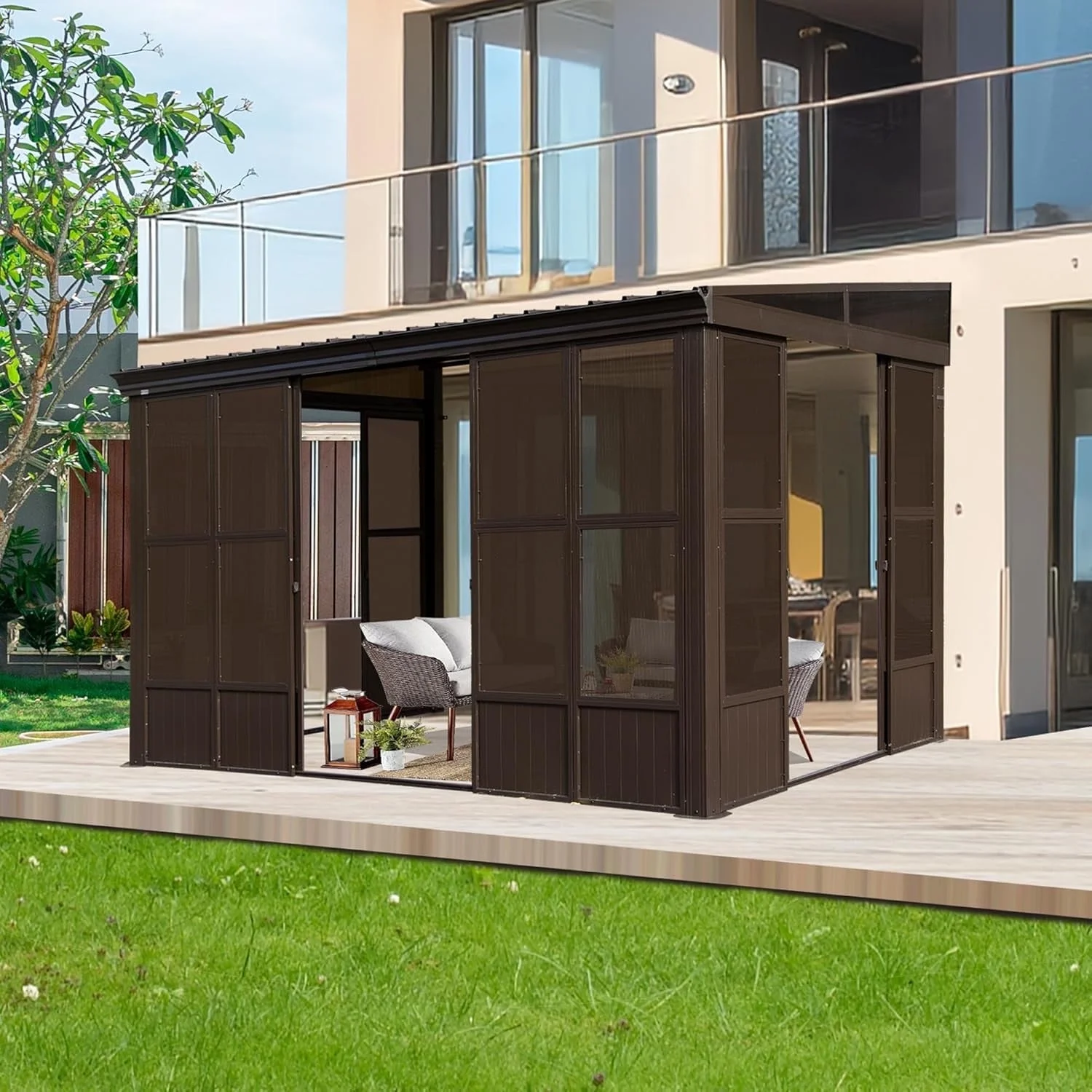 TOTAL Outdoor 10'x12' All-Season Sunroom Gazebo with Steel Roof, PVC Screen, Front & Side Door, Brown - Image 55