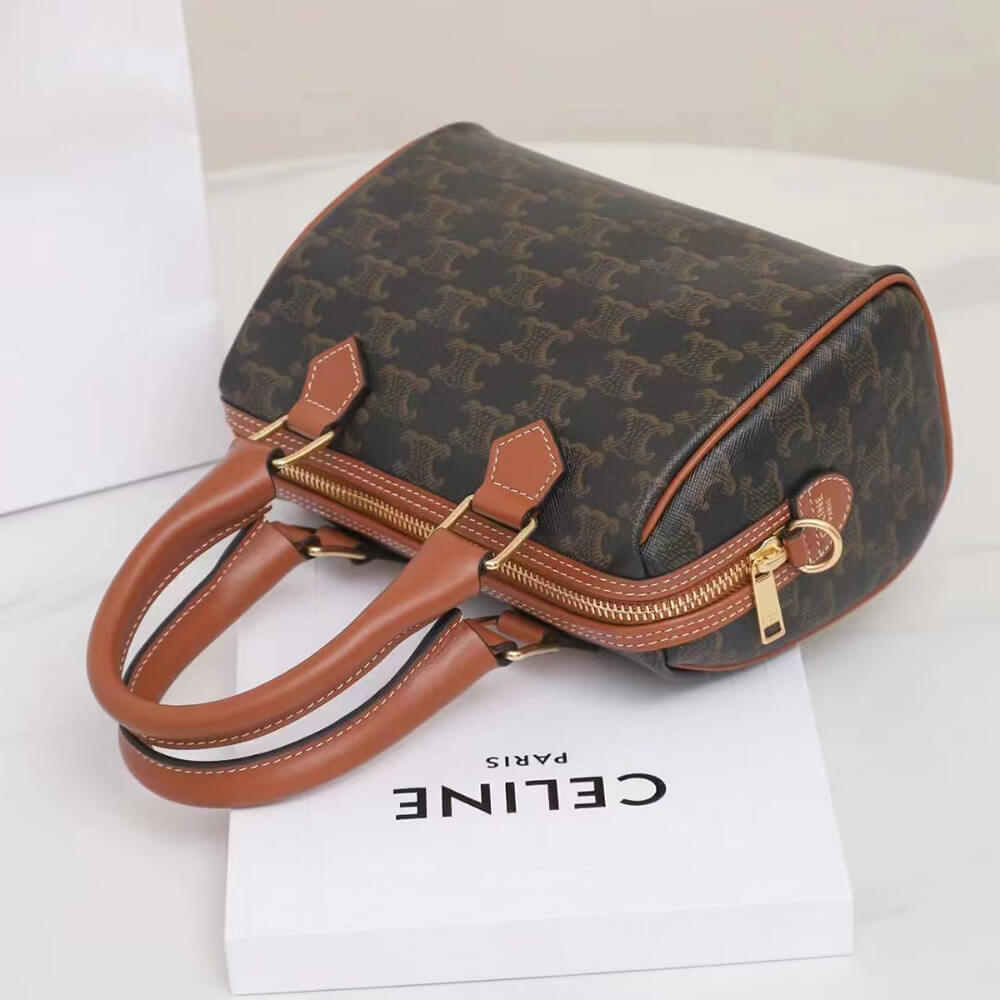 Celine Small Boston Bag in Triomphe Canvas and calfskin1:1High-quality replica