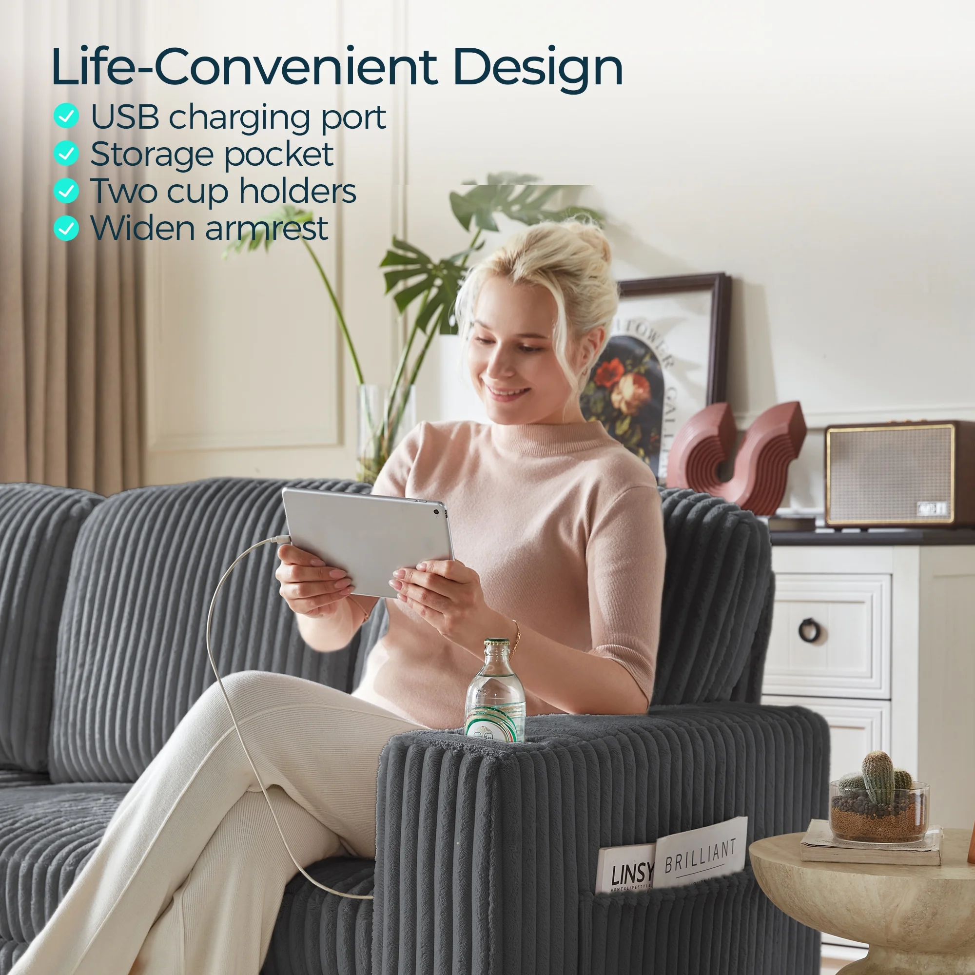 Linsy Home Plush Corduroy Pull Out Couch Chaise Lounge, Convertible Loveseat Sofa Couch With Usb & Cup Holder, Green - Image 19