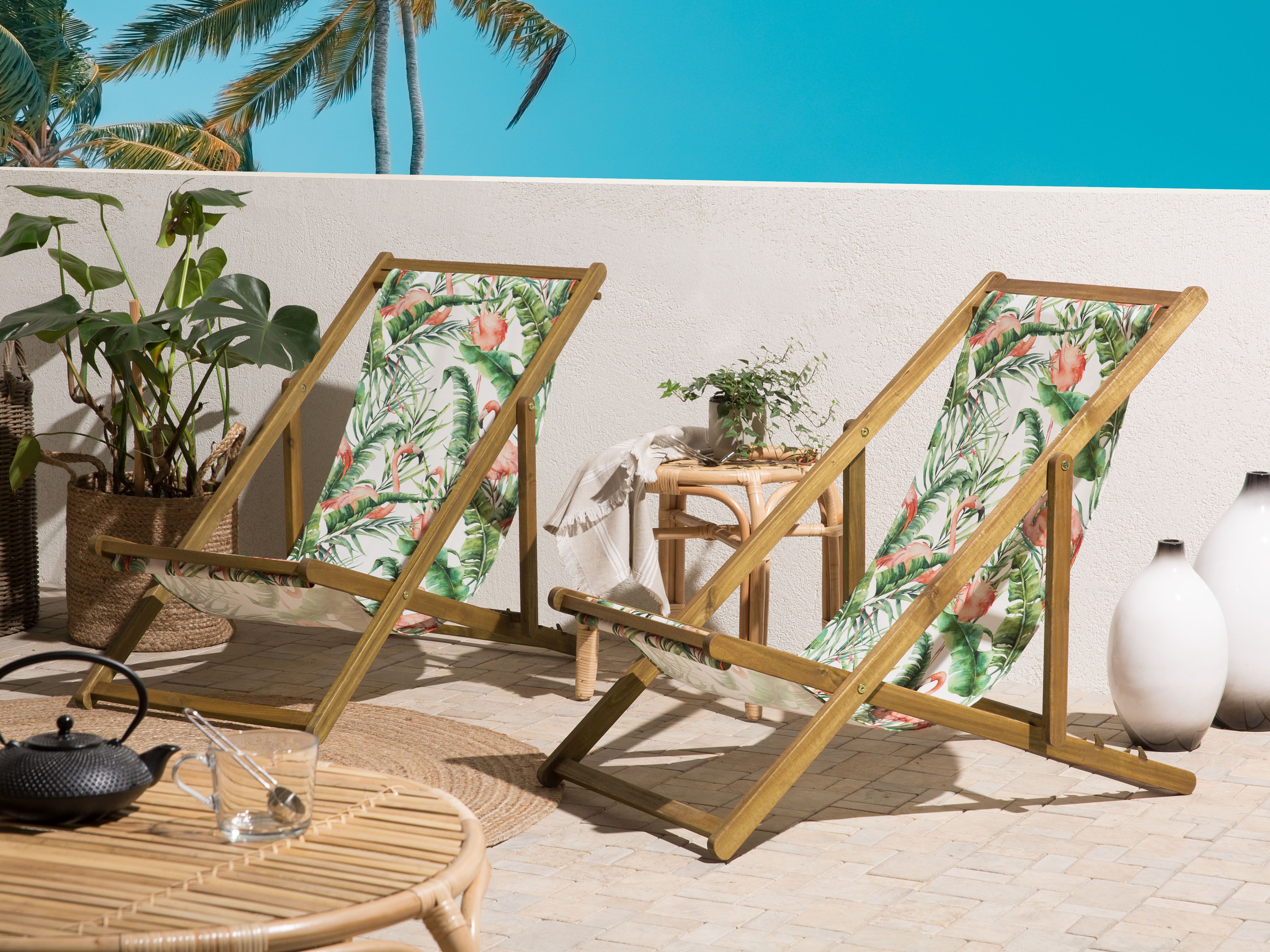 Set of 2 Folding Deck Chairs ANZIO with Replacement Fabrics Animal Motif Acacia Wood Light Brown
