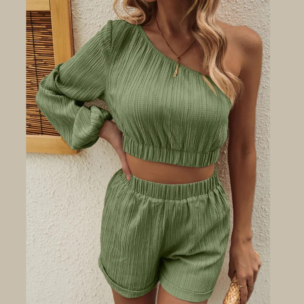 Honey One Shoulder Long Sleeve Top and Shorts Set - ZKZOOK