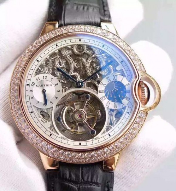 Replica Cartier Ballon Bleu Skeleton Tourbillon Diamond Bezel RG White Dial - Top club