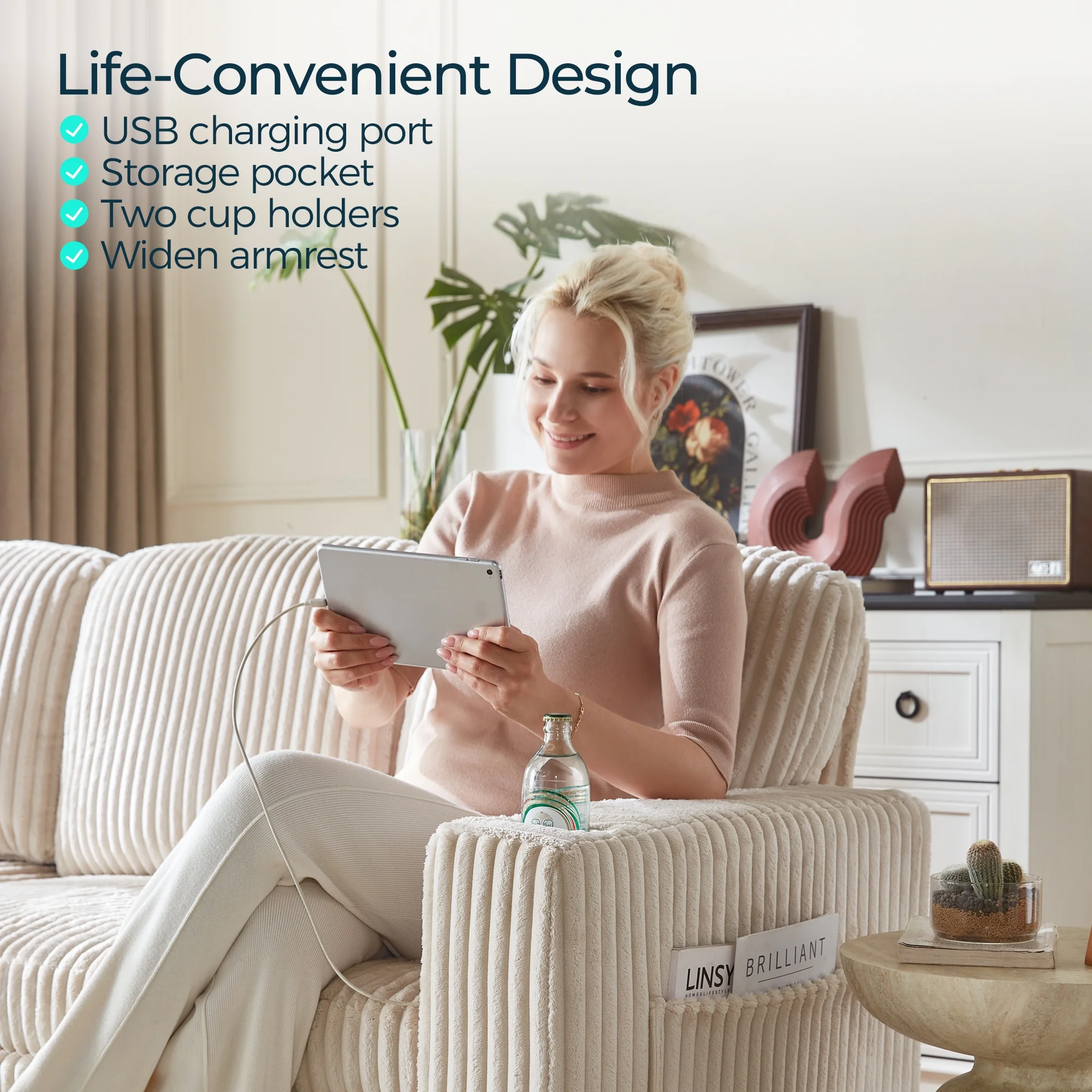Linsy Home Plush Corduroy Pull Out Couch Chaise Lounge, Convertible Loveseat Sofa Couch With Usb & Cup Holder, Green - Image 24